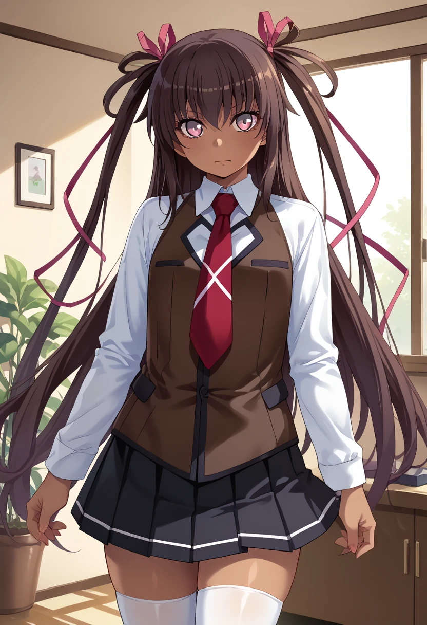 score_9, score_8_up, score_7_up, score_6_up, score_5_up, score_4_up, masterpiece, source_anime, 1girl, c-mizuki, purple eyes, very long hair, brown hair, two side up, hair ribbon, one-piece tan, white collared shirt, red necktie, long sleeves, brown vest, black pleated skirt, white thighhighs, looking at viewer, indoors, cowboy shot, japanese home,