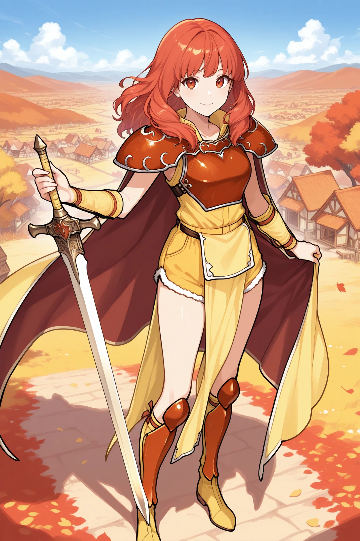 masterpiece, best quality, 1girl, solo, <lora:fecelica-illu-nvwls-v1:1> brCeli, red hair, red eyes, cape, red armor, yellow dress, pelvic curtain, yellow shorts, red boots, looking at viewer, smile, village, blue sky, autumn, full body, holding sword, planted sword