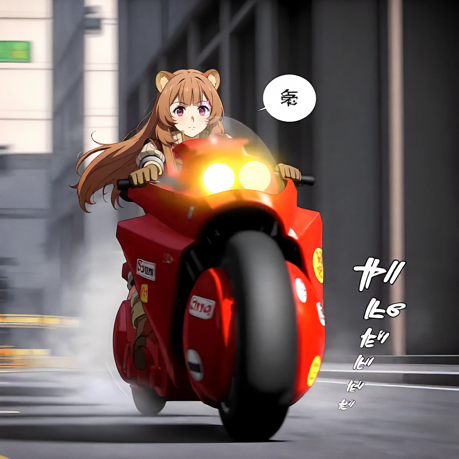 <lora:akira_kaneda_shoutarou's_bikeXLIllustrious002>,
masterpiece,best quality,good quality,newest,
detailed background,outdoors,
looking at viewer,
solo,
anime coloring,
1girl,raphtalia,tate no yuusha no nariagari,
fog,glowing,
(sound effect:1.3),motion_blur,motion line,speed_lines,
speech bubble,
riding,
kaneda_shoutarou's_bike\(akira\),big scooter,large motorcycle,tire,red motorcycle,emblem,sticker,logo,ground vehicle,