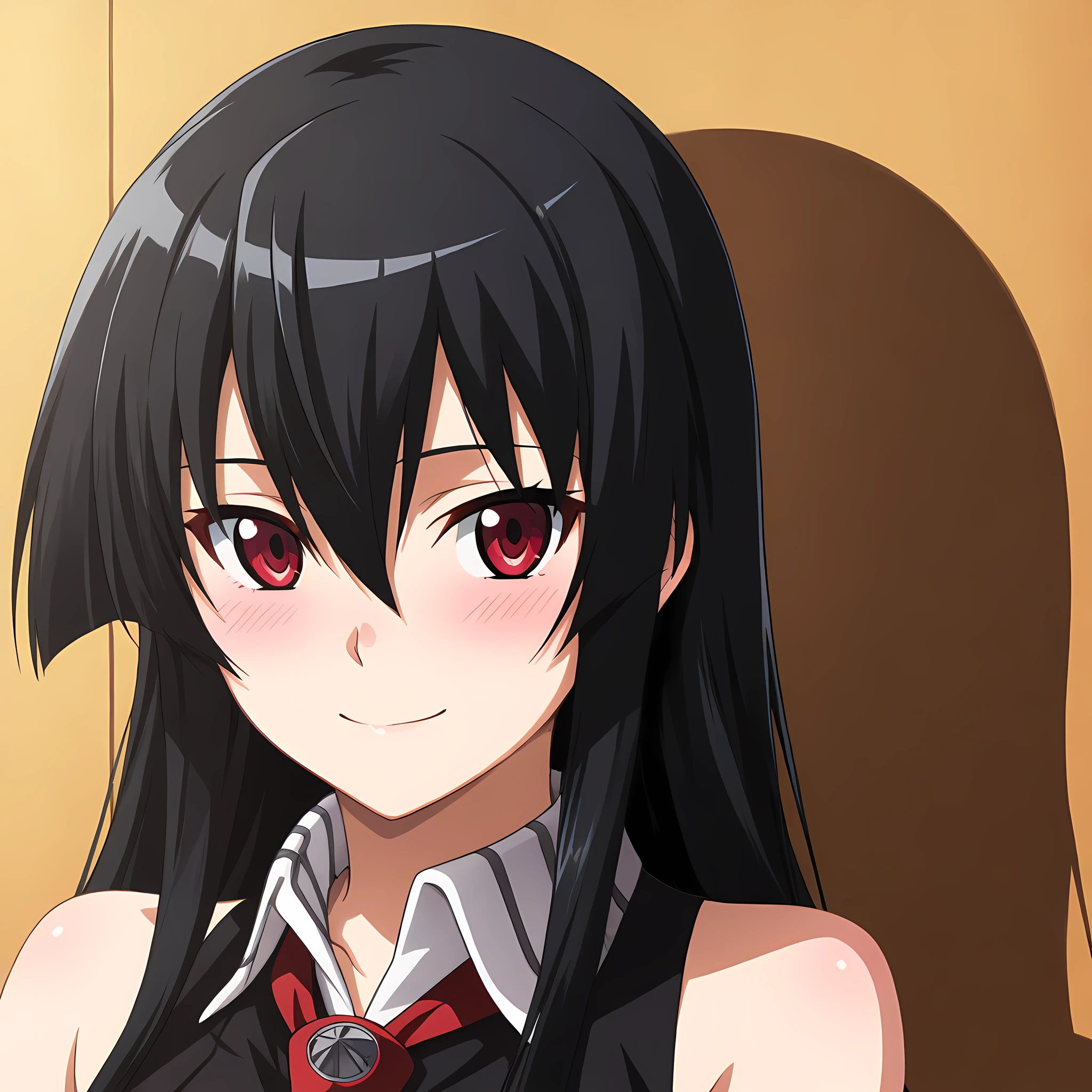 akame-illustxl, 1girl, black hair, solo, red eyes, long hair, blush, smile, bare shoulders, looking at viewer, hair between eyes, sleeveless, from the front view, portrait <lora:Akame-IllustXL:1>, (masterpiece),(best quality),(ultra-detailed),(best illustration),(best shadow),(absurdres),(detailed background),(very aesthetic),