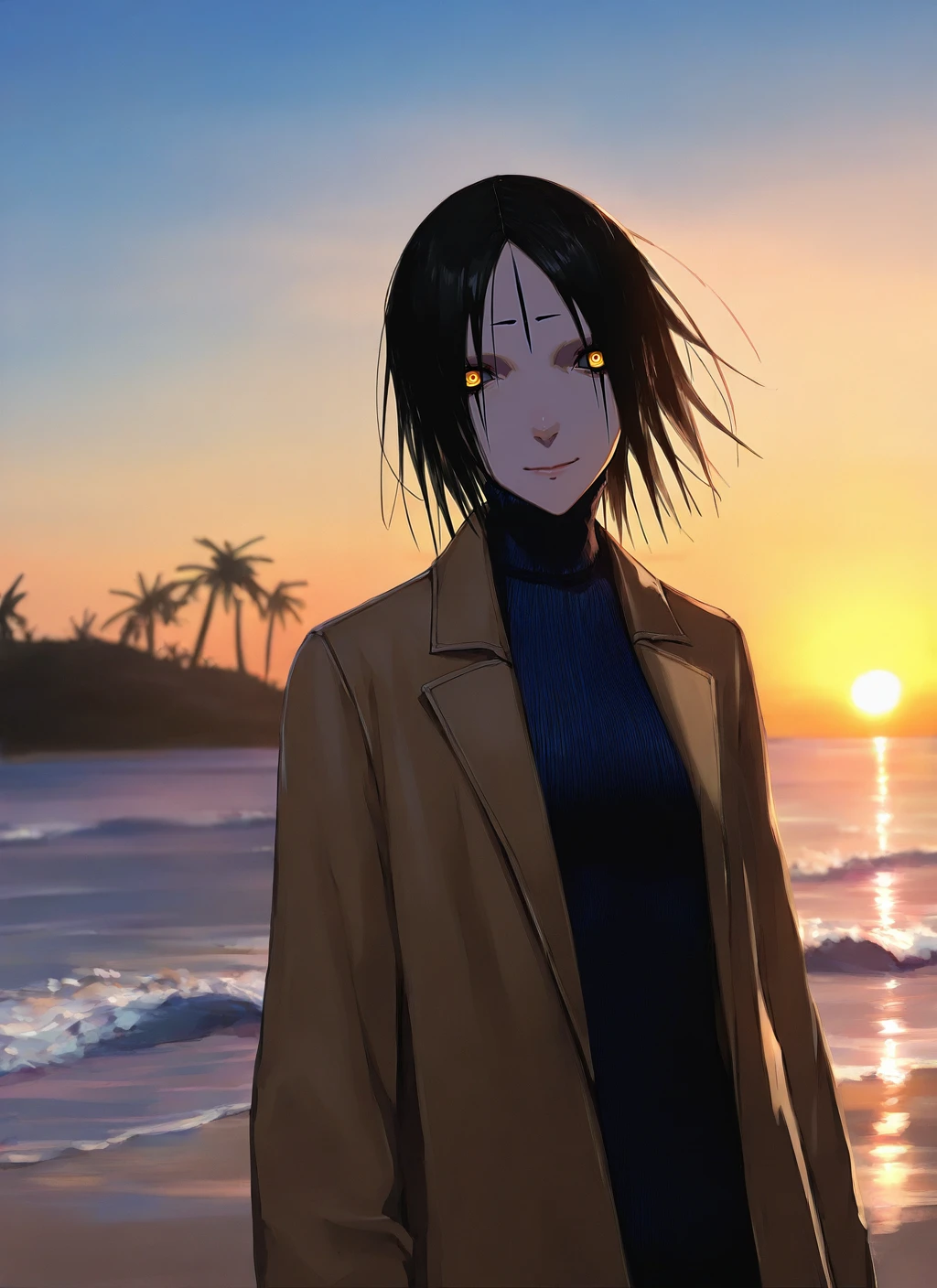 artist:, masterpiece, best quality, newest, very awa, absurdres, highres, tmnh, 1girl, sanakan, gentle smile, black hair, yellow eyes, forehead tattoo, old long brown coat, official, sweater, sunrise, coast, bay, mountains, palm trees in the distance, waves, detailed, <lora:Tsutomu_Nihei_Blame_Style_Illustrious:1.0>