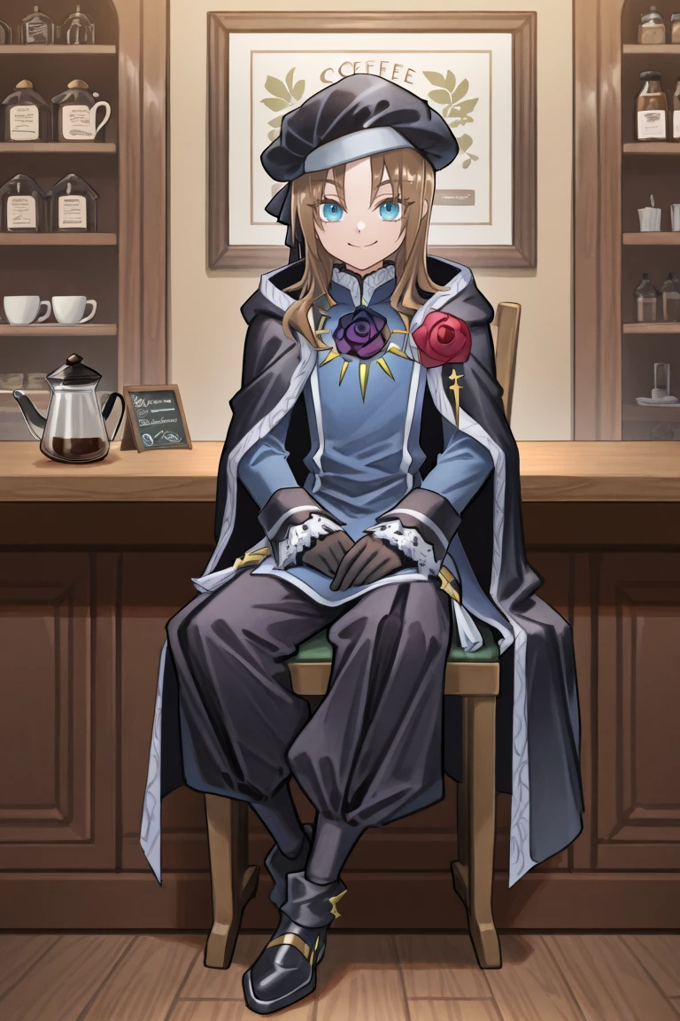 <lora:RoswellIL:0.8> , roswdef, 1boy, brown hair, long hair, blue eyes, black beret, black cloak, rose, flower, blue uniform, long sleeves, frilled sleeves, black gloves, puffy pants, black pants, black footwear, sitting, full body, coffee shop, interior, noon, counter, tables, chairs,  smile, sitting in chair,  looking at viewer, masterpiece, very aesthetic, absurdres, best quality, amazing quality, high resolution, <lora:illustrious_quality_modifiers_masterpieces_v1:0.8> , <lora:ChamIllustriousBackgroundEnhancer:0.5>,  solo,