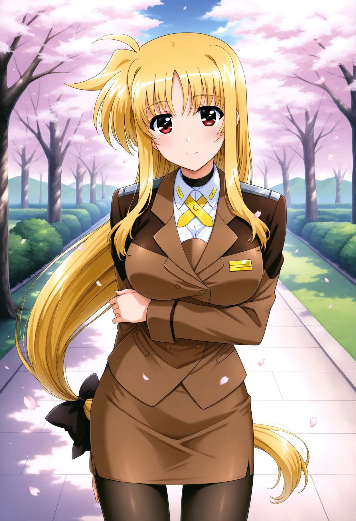 masterpiece, absurdres, highres, 1girl, c-testarossa, blonde hair, red eyes, low-tied long hair, very long hair, hair bow, large breasts, brown jacket, brown pencil skirt, black pantyhose, looking at viewer, outdoors, cowboy shot, cherry blossom, day,