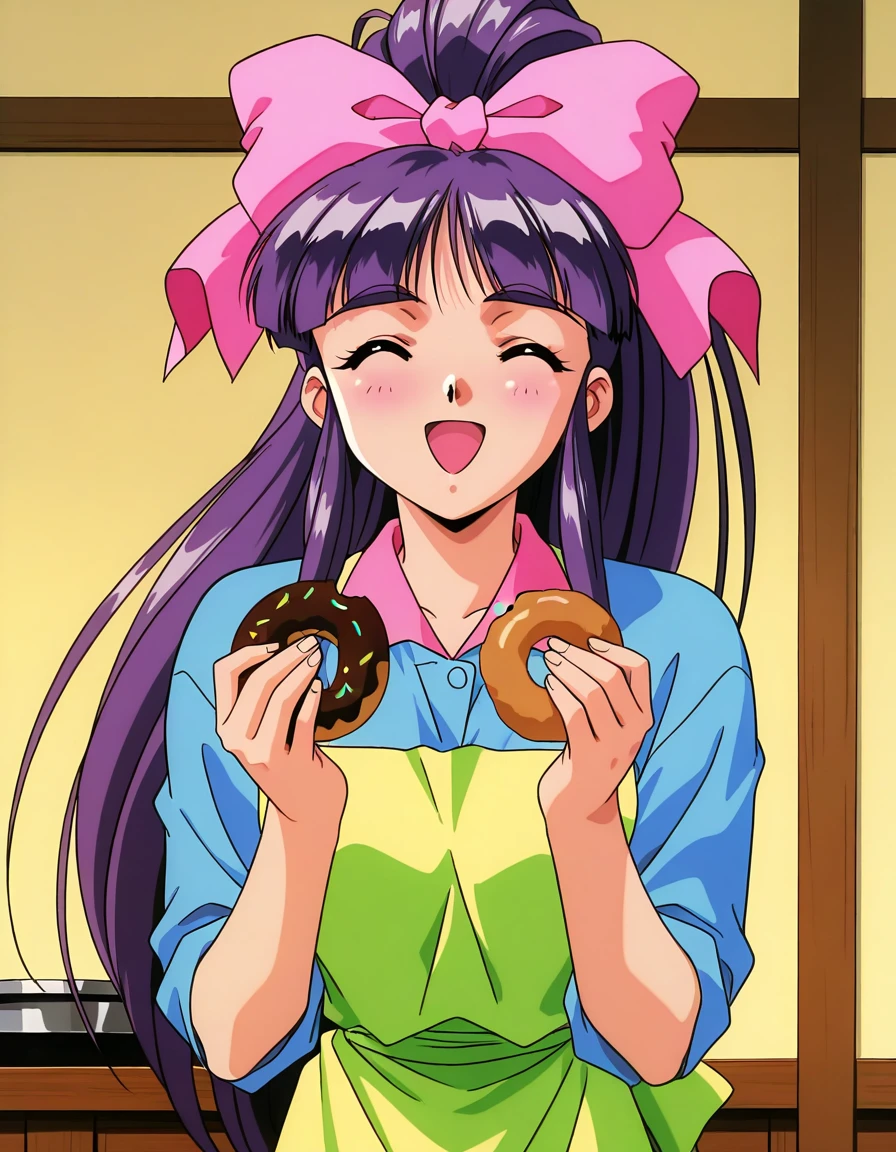 general,highres, ultra-detailed,very aesthetic,best quality ,best hands, BREAK <lora:Midou_Miko_IS:1> Midou_Miko, 1girl,solo, pink bow, purple hair, long hair,hair ribbon, brown eyes, ponytail, bangs, 1990s (style), anime coloring,
1girl, solo, doughnut, pink bow, food, bow, apron, closed eyes, purple hair, retro artstyle, hair bow, smile, long hair, 1990s (style), ^_^, ponytail, open mouth, happy, shirt, holding food, :d, upper body, bangs, holding, high ponytail, black hair, blush, ribbon