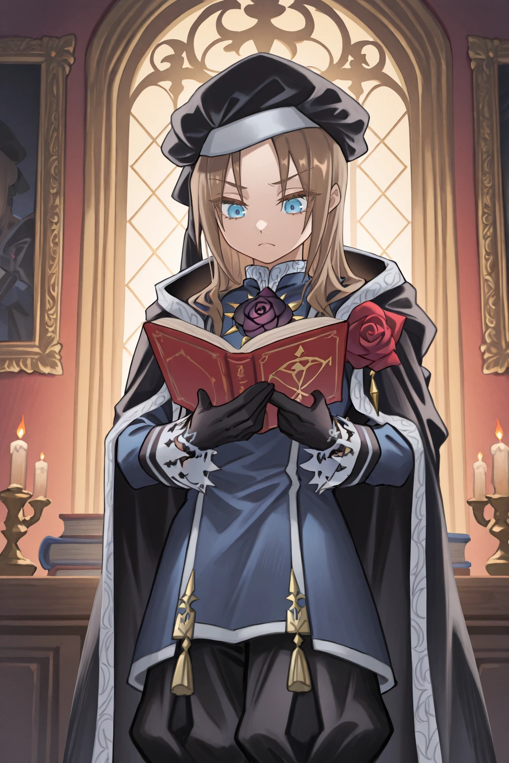 <lora:RoswellIL:0.8> , roswdef, 1boy, brown hair, long hair, blue eyes, black beret, black cloak, rose, flower, blue uniform, long sleeves, frilled sleeves, black gloves, puffy pants, black pants, black footwear, looking down, interior, study, cowboy shot, reading book, frown, candle, masterpiece, very aesthetic, absurdres, best quality, amazing quality, high resolution, <lora:illustrious_quality_modifiers_masterpieces_v1:0.8> , <lora:ChamIllustriousBackgroundEnhancer:0.5>,  solo,