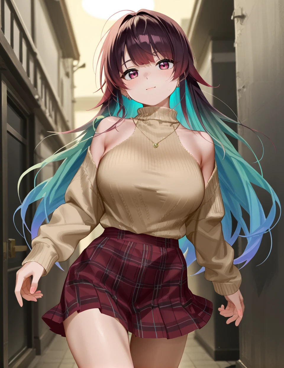 best quality,Mapyuhin za Puremiyamu, sweater, skirt, long hair, solo, female focus, 1girl, large breasts, gradient hair, 
 <lora:Mapyuhin_za_Puremiyamu_PonyXL_Style:0.9>