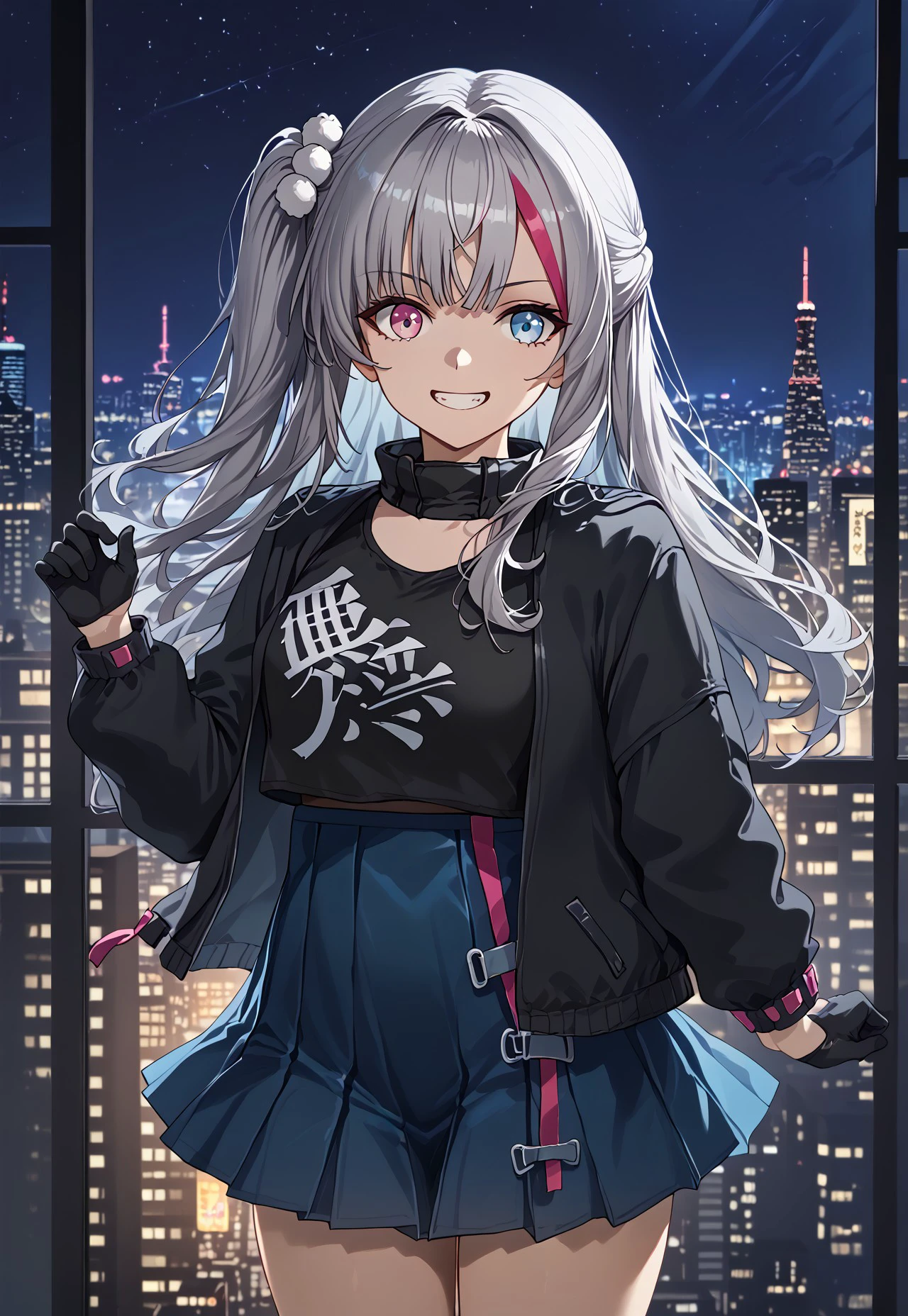1girl, solo, solo focus, highres, absurdres, Kuro1st, long hair, multicolored hair, streaked hair, blue eyes, bangs, black jacket, heterochromia, pink hair, grey hair, one side up, blue skirt, long sleeves, open jacket, black gloves, black shirt, hair ornament, pleated skirt, hair bobbles, high-waist skirt, shiny clothes,
looking at viewer, grin,
window, cityscape, neon lights, shade, night, night sky, dark, backlighting,