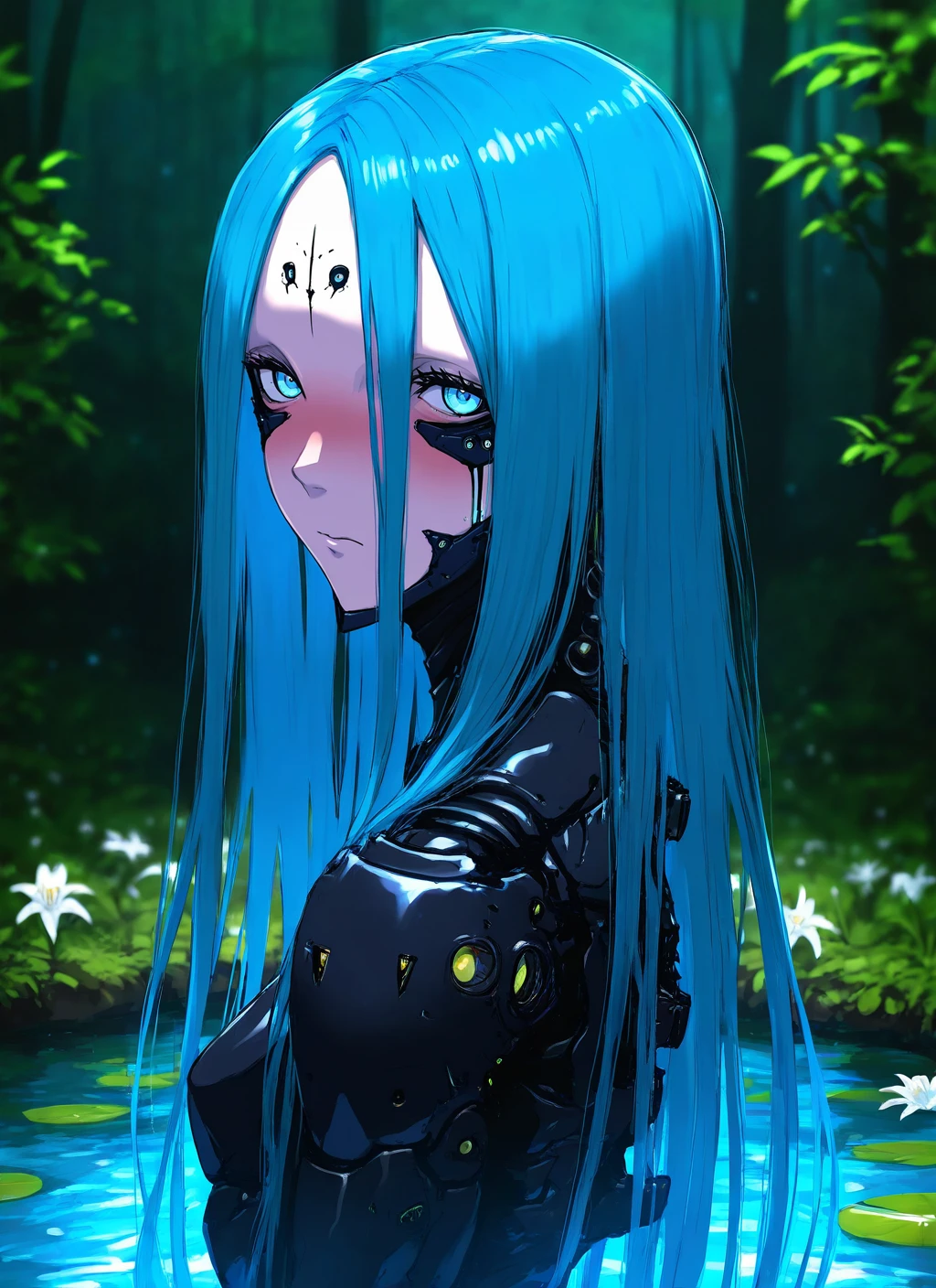 artist:, masterpiece, best quality, newest, very awa, absurdres, highres, tmnh, 1girl, cyborg, blushing, looking at viewer, long unkempt hair, blue hair, nature, magical pond, lilies, detailed, <lora:Tsutomu_Nihei_Blame_Style_Illustrious:1.0>