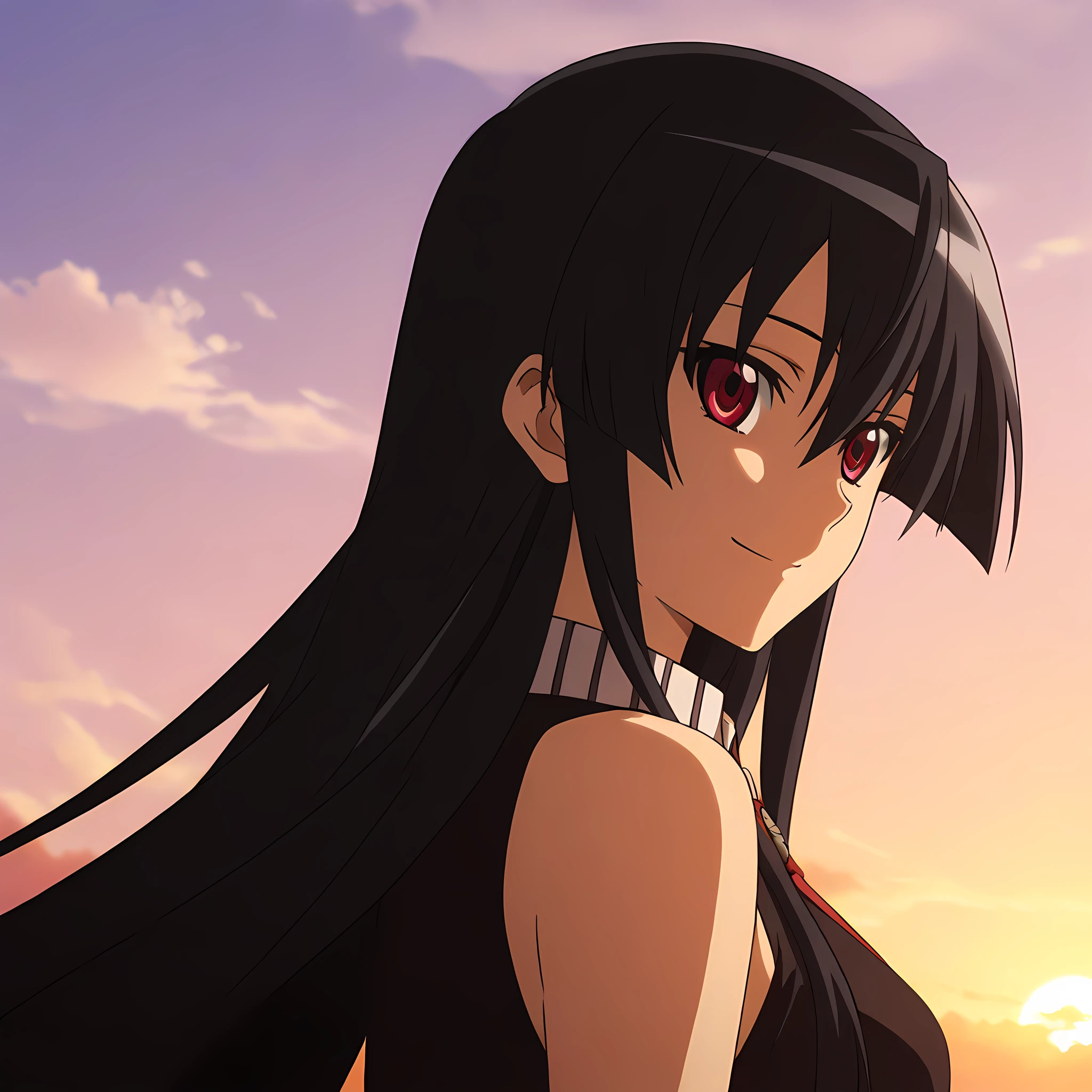 akame-illustxl, 1girl, solo, red eyes, black hair, long hair, smile, anime coloring, sky, cloud, bare shoulders, sunset, upper body,  <lora:Akame-IllustXL:1>, (masterpiece),(best quality),(ultra-detailed),(best illustration),(best shadow),(absurdres),(detailed background),(very aesthetic),