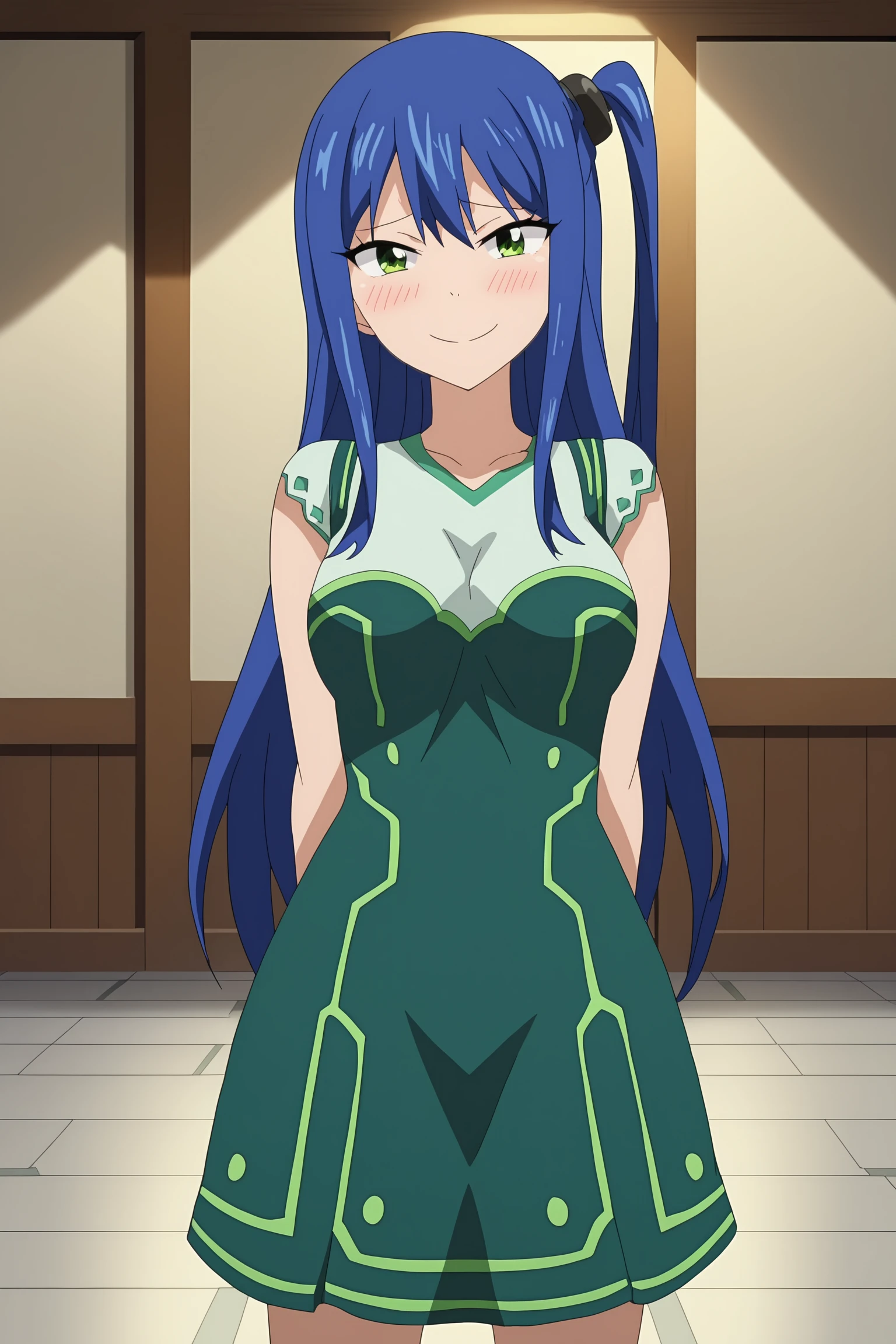 score_6_up, score_5_up, score_4_up, score_9, score_8_up, score_7_up, highly detailed, anime_source, anime_screencap, anime coloring, BREAK
1girl, solo, long hair, breasts, looking at viewer, smile, hair ornament, dress, green eyes, blue hair, one side up, labilia_christy, <lora:RGV_labilia_edenzero:0.8>, indoor, looking at down, head down, embarrassed, blushing, shy, arms behind back