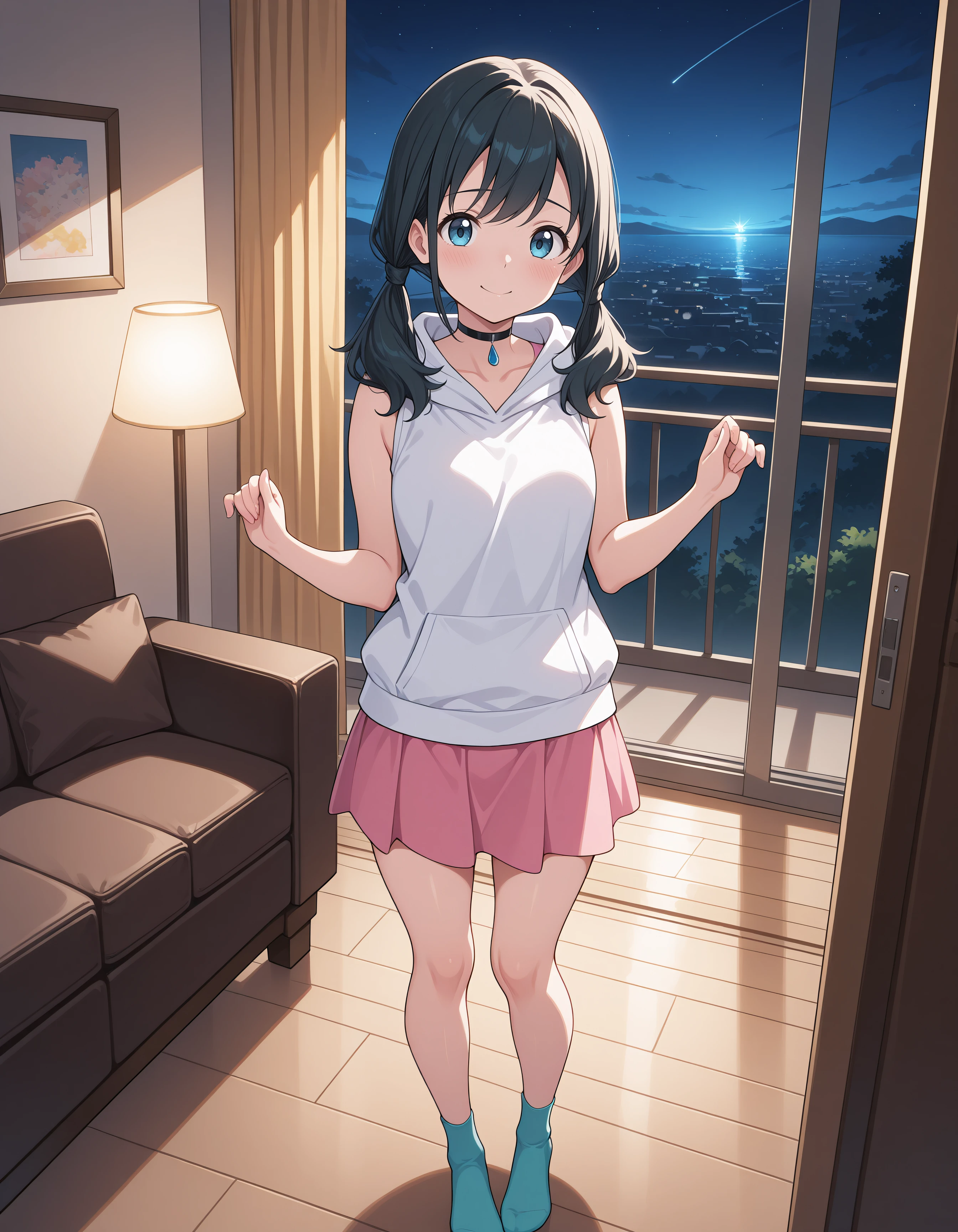  in long skirt、Steep stairs at school、Shirt clinging to no-bra 、Cute white underwear showing off a lifted skirt、Light blue color、Sweaty shirt