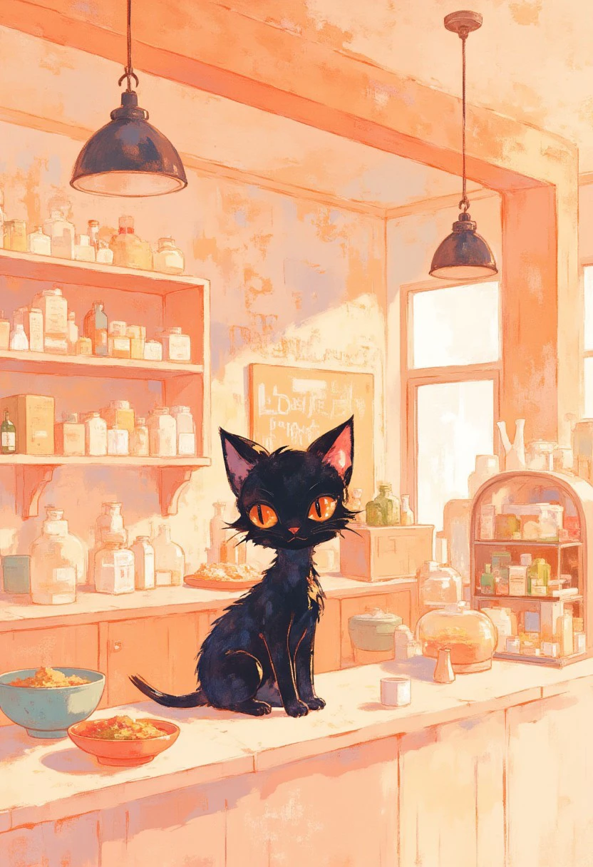 A little black cat on the counter of a noodle shop,soft pastel anime