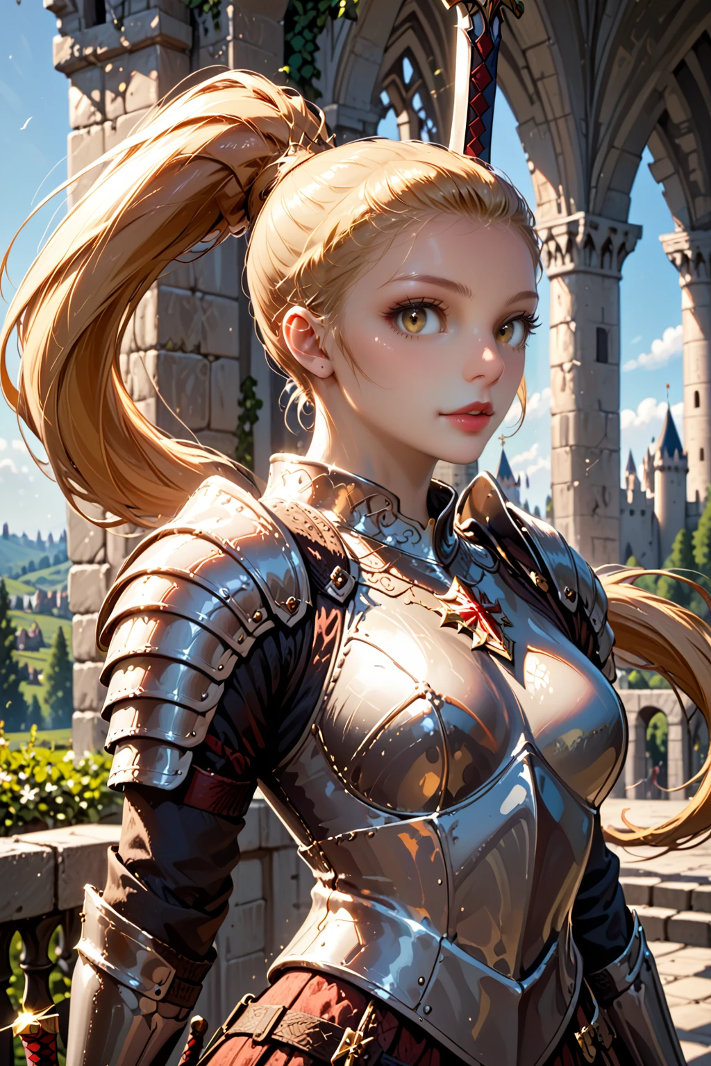 score_9, score_8_up, score_7_up, masterpiece, high quality, extreme detail, absurdres, (detailed skin texture) BREAK realistic
 <lora:ByuljjiPonyLora:0.8>byuljj, long hair, hair slicked back, blonde, ponytail red hair, knight outfit, (planted sword), proud, castle, breastplate, cowboy shot