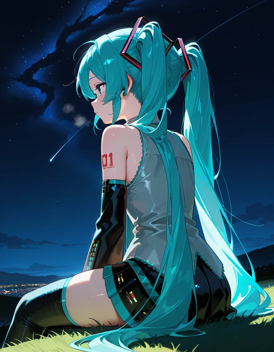 masterpiece,best quality,amazing quality,very aesthetic,absurdres,newest, 1girl, night time, sitting on hill, hatsune miku