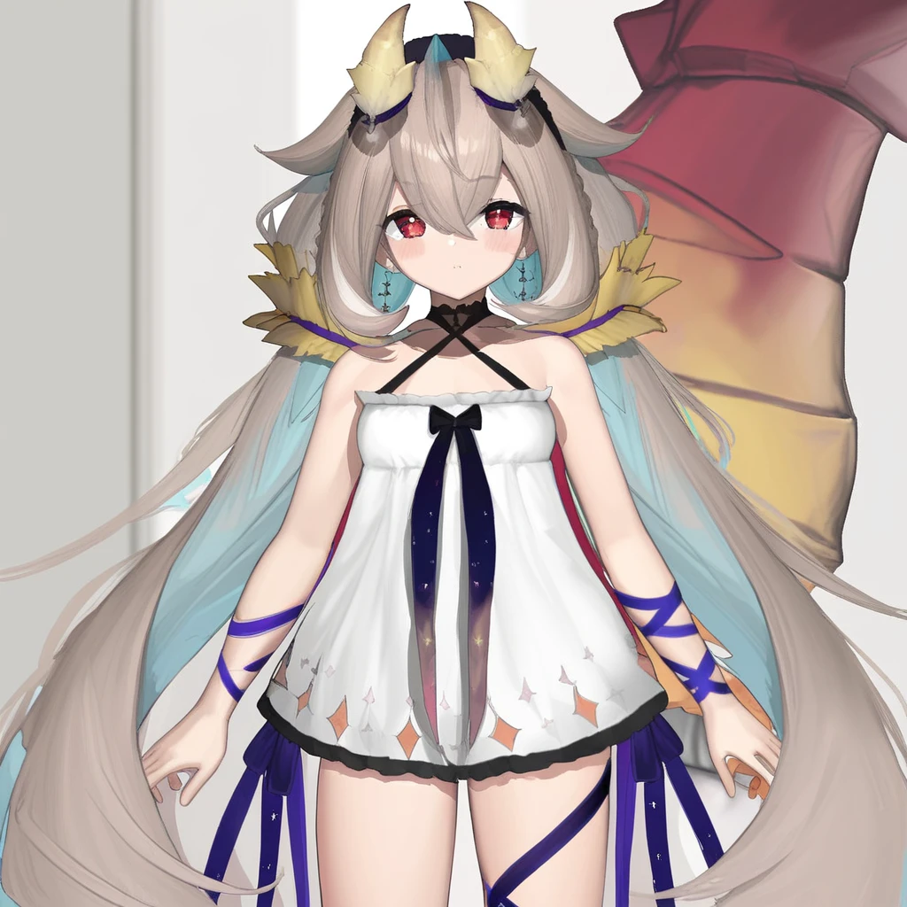 Nasa2nd, bangs, very long hair, red eyes, white dress, twintails, multicolored hair, short dress, hair ornament, earrings, hair between eyes, leg ribbon, criss-cross halter,