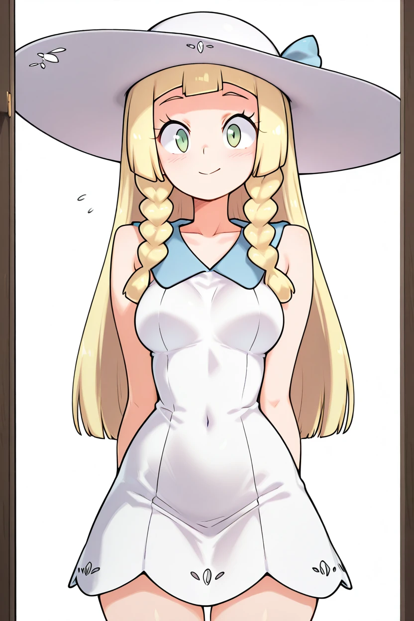 masterpiece, best quality, medium breasts, (curvy),  ,,, BREAK, zzLillie, long hair, braid, sun hat, white headwear, collarbone, sleeveless dress, white dress, <lora:LilliePokemonIXL:1.0>,BREAK,  smile, looking at viewer, cowboy shot,    ,<lora:TobiaswhellerIXL_v2:1.0>,