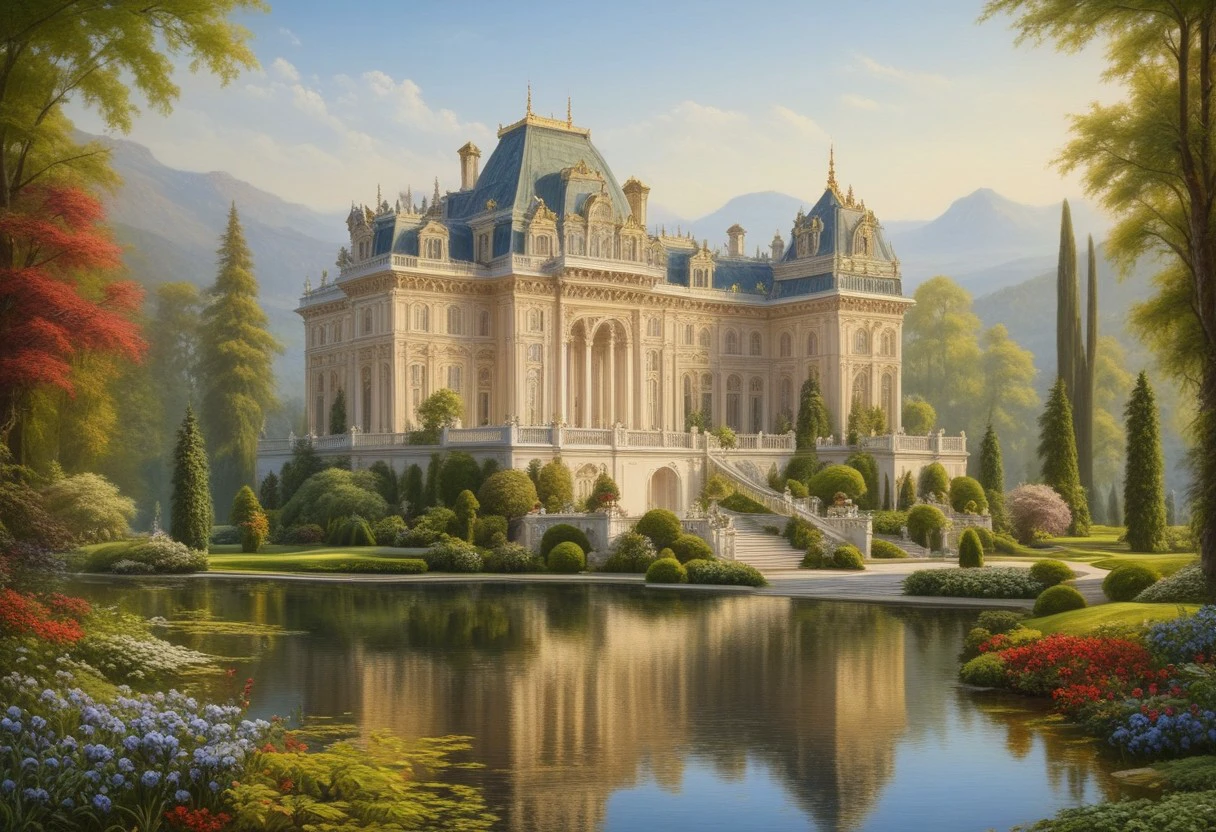 fantastically realistic landscape, palace, garden, lake,