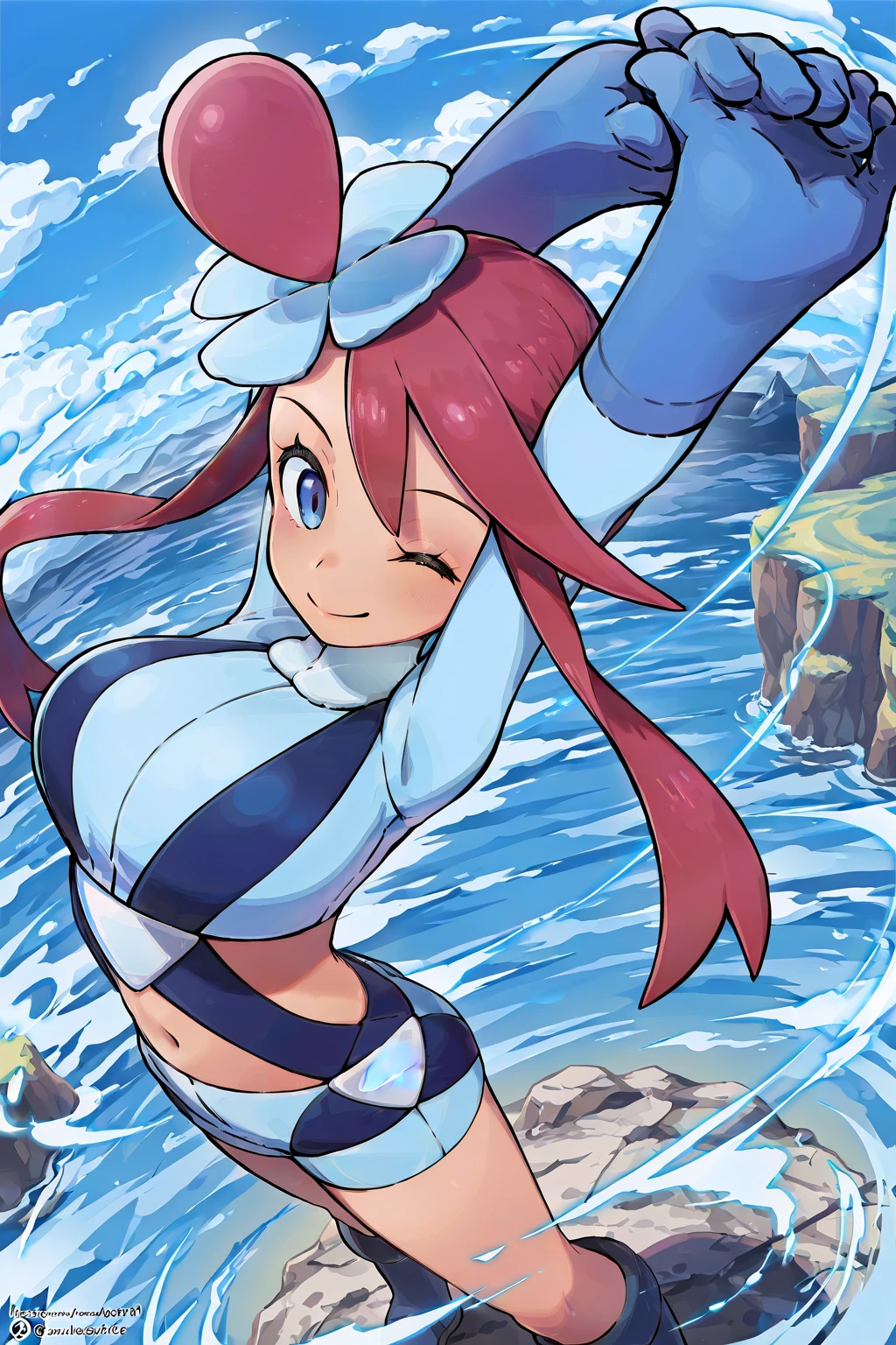 masterpiece,best quality, amazing quality, 8k resolution,tra1ner, holofoil, holographic,prismatic, sidelocks, boots, english midriff, one eye closed,  diffraction, solo, shorts, skyla (pokemon), from above, blue gloves, large breasts, arms up, stretching, gloves, hair ornament, navel, red hair, blue eyes, looking at viewer, 1girl, smile, makeup,fantastic composition, amazing artwork, BREAK, atmosphere, high resolution, ultra-detailed, newest, scenery, depth of field, volumetric lighting,gr4ph1t3, clean sketch