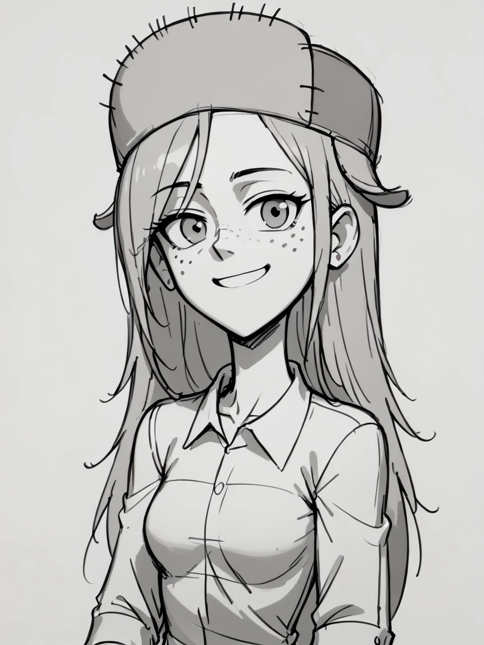 score_9, score_8_up, score_7_up, score_6_up, BREAK, Sk3tch, sketch, monochrome, <lora:Sketch:1> wendy, long hair, 1girl, solo, shirt, freckles, earrings, fur hat, smile, looking at viewer, <lora:WendyCorduroyPony1.0:1>