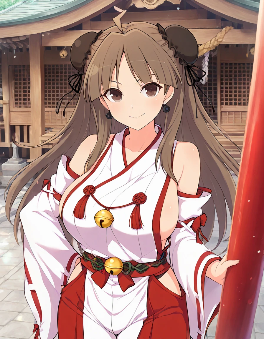 masterpiece,best quality, good quality,
1girl,shrine,
smile
standing,
<lora:ill-kagura-renka:1>kgrrnk,ahoge,large breasts,brown hair, brown eyes, long hair, hair bun, double bun,black bun cover
miko,sideboob,hair bun,  bell, detached sleeves, japanese clothes, wide sleeves, jewelry, hakama, pants