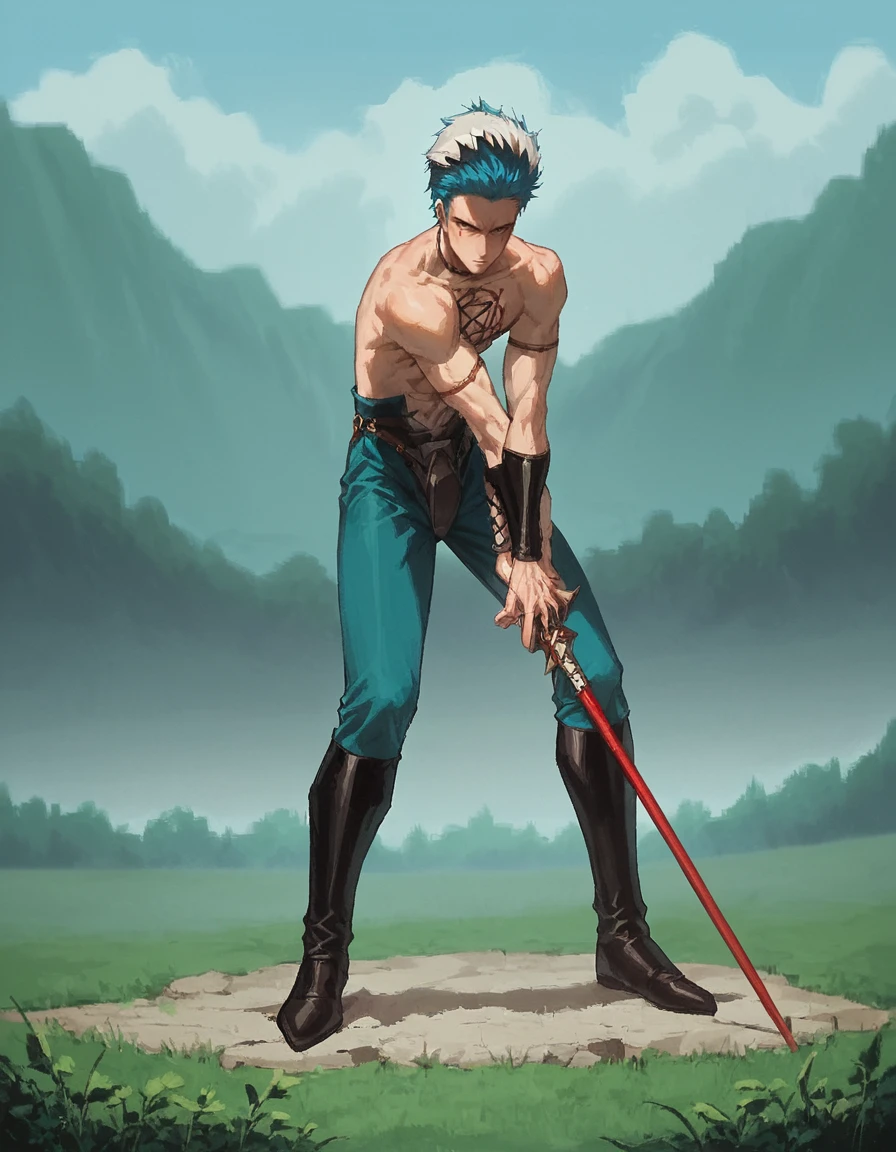 score_9, score_8_up, score_7_up, zPDXL, masterpiece, anime, <lora:sn0wStyle:1> <lora:HKHorrorXL:1> 1boy, male focus, solo, topless male, weapon, blue hair, polearm, spear, sword, tattoo, linedwell rainrix <lora:Linedwell_Rainrix_Evil_Zone:1> foggy, outdoor