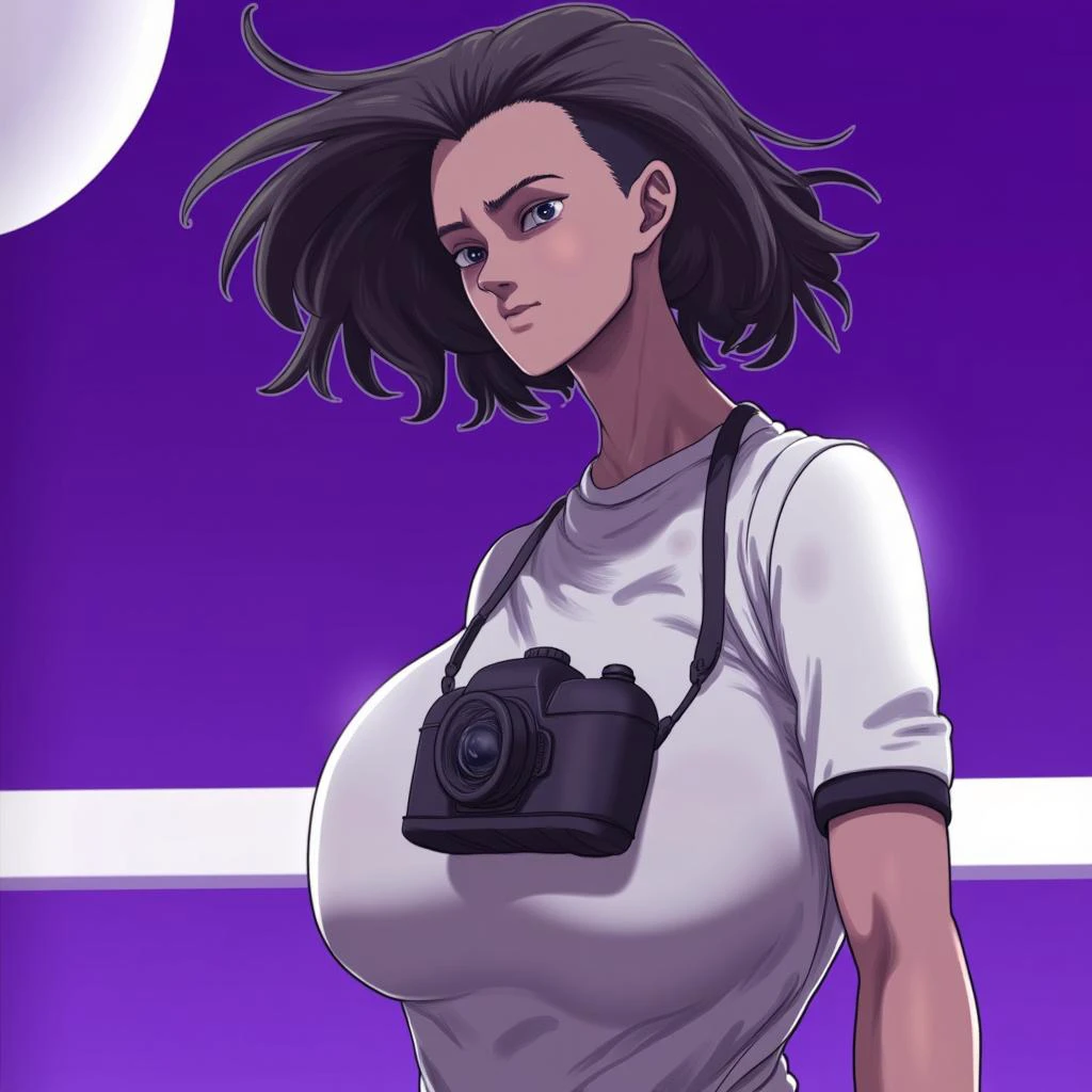 D-ART \(Artist\), @18dart5, @18dart3, @18dart2, @18dart1, A detailed digital illustration of a futuristic woman with a futuristic outfit. The woman's gaze is focused and determined, her hair is blowing in the wind, and she is wearing a white shirt with a black camera attached to her chest. The background is a deep purple, and a circular light is visible in the top left corner.