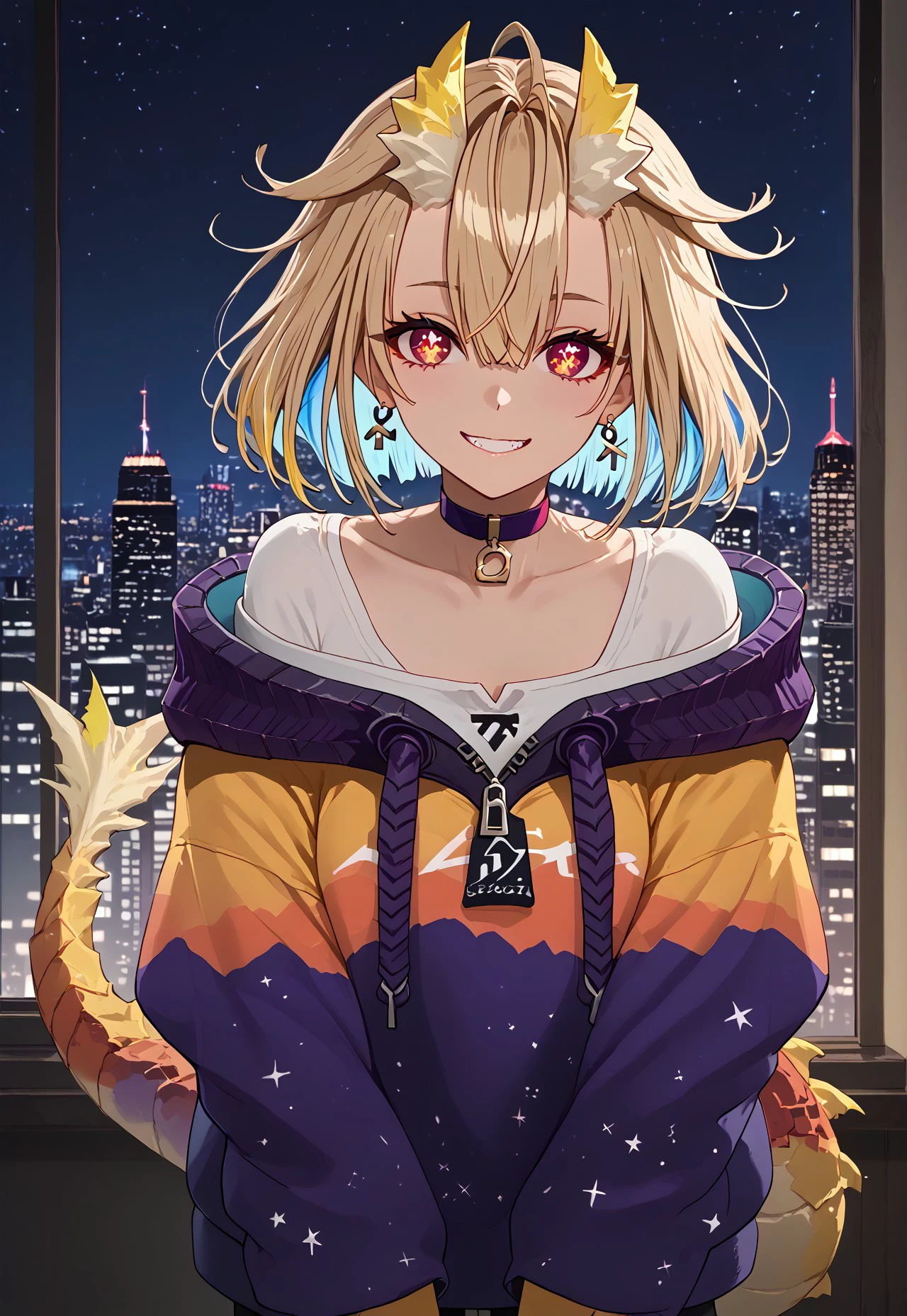1girl, solo, solo focus, highres, absurdres, Nasa1st, choker, short hair, red eyes, multicolored hair, blonde hair, blue hair, bangs, collarbone, dragon claws, long sleeves, hair between eyes, off shoulder, dragon girl, dragon horns, dragon tail, earrings, jacket, zipper, multicolored clothes, colored inner hair,
looking at viewer, smile,
window, cityscape, neon lights, shade, night, night sky, dark, backlighting,