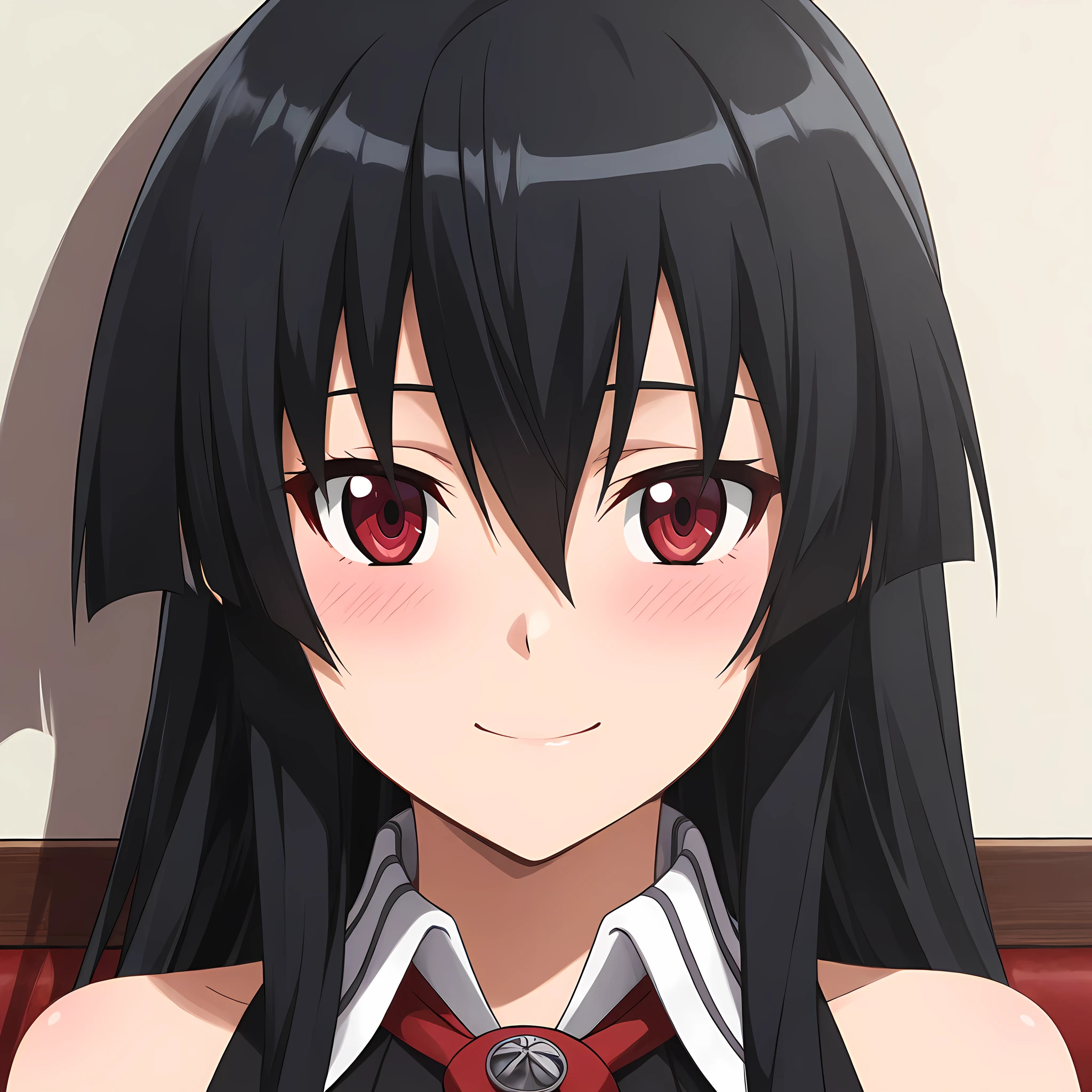 akame-illustxl, 1girl, black hair, solo, red eyes, long hair, blush, smile, bare shoulders, looking at viewer, hair between eyes, sleeveless, from the front view, portrait <lora:Akame-IllustXL:1>, (masterpiece),(best quality),(ultra-detailed),(best illustration),(best shadow),(absurdres),(detailed background),(very aesthetic),