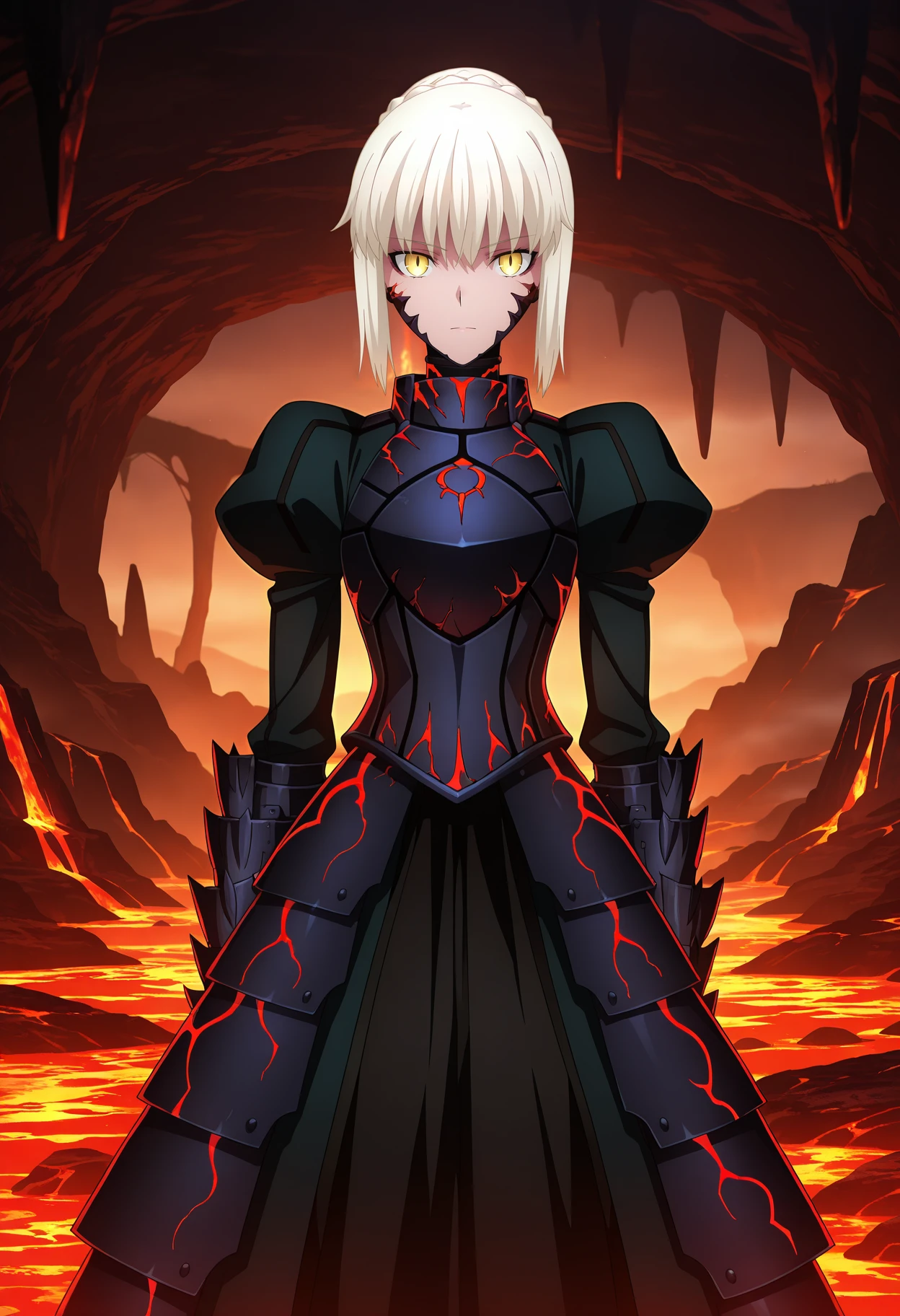 anime screencap, masterpiece, best quality,
<lora:FateStayNightUBW_Saber_IlluXL:0.9>,
1girl, solo, closed mouth,
white hair, yellow eyes, short hair, french braid, hair bun,
SaberAlter, dark persona, corruption, armor, black dress, gauntlets, juliet sleeves, faulds,
standing, looking at viewer, cowboy shot,
outdoors, night, dark, fog, cave, lava, mountains