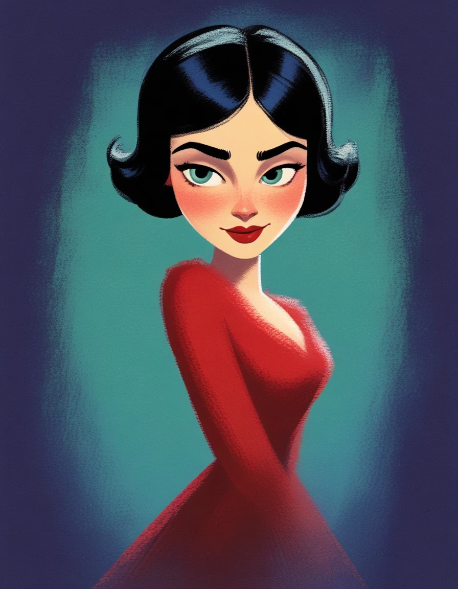 Vector illustration, girl, cleavage, minimalist, flat color , A Female with bob black haircut with blue eyes and Red lips, bare shoulders, red dress, taut dress, spaghetti strap red dress, sleeveless, medium breast, standing in her bedroom, 1 girl, solo, close up portrait, looking at viewers, seductive smile