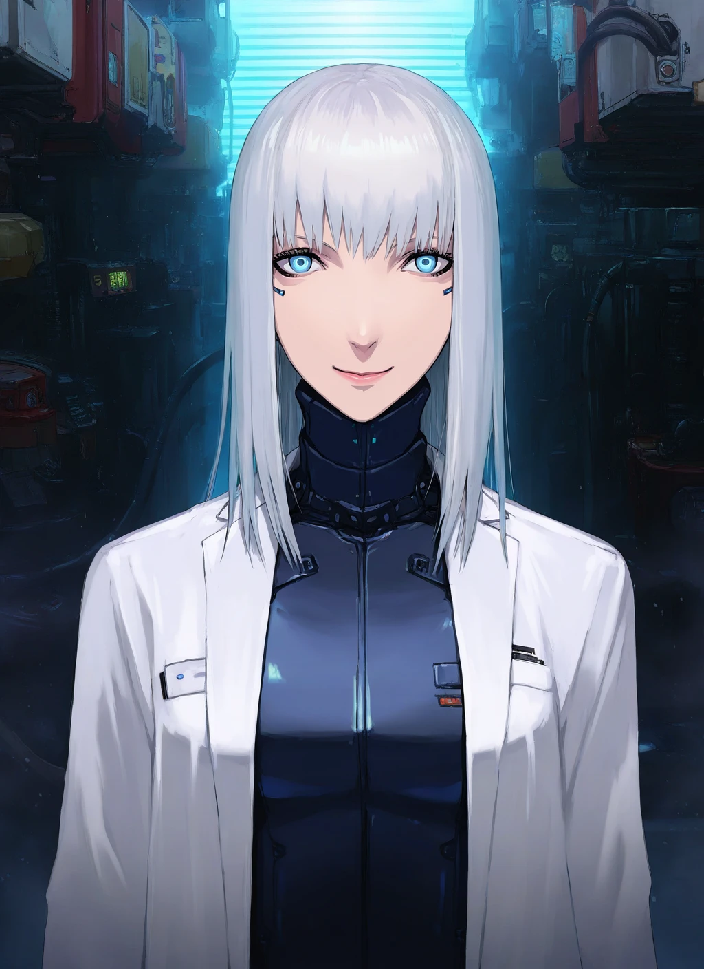 artist:, masterpiece, best quality, newest, very awa, absurdres, highres, tmnh, 1girl, cibo, mild smile, white hair, blue eyes, looking at viewer, white lab coat, futuristic, factory, detailed, <lora:Tsutomu_Nihei_Blame_Style_Illustrious:1.0>