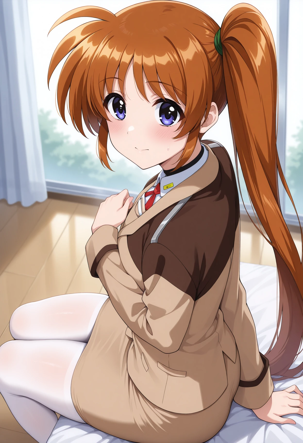 masterpiece, absurdres, highres, 1girl, c-takamachi, very long hair, side ponytail, orange hair, ((brown jacket)), brown skirt, pencil skirt, long sleeves, white pantyhose, indoors, depth of field, 