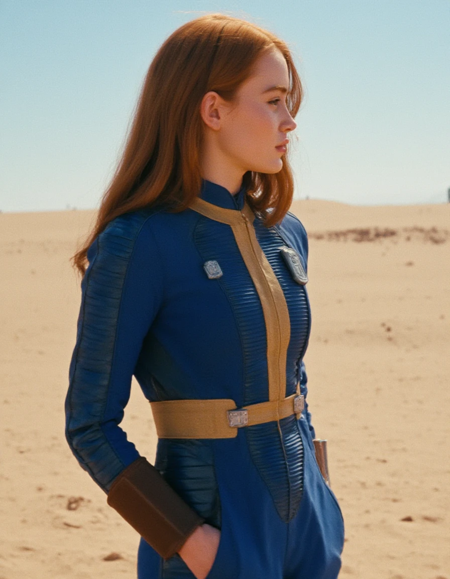 A woman with ginger hair wearing a blue and yellow vault suit. The colors are vibrant. She is standing on the edge of a desert. The suit is unzipped.<lora:VaultSuit:1>   <lora:Sadie_Sink_FLUX_v1_r1:1>