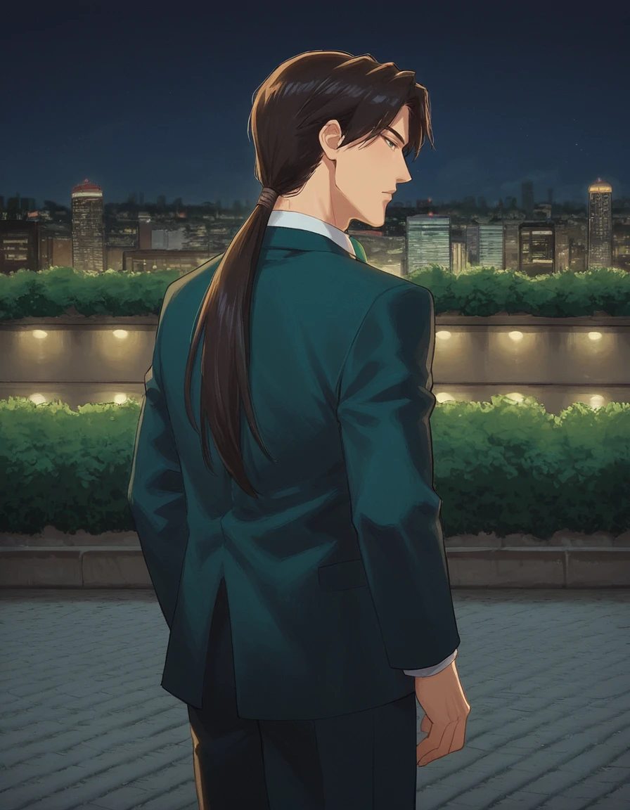 score_9, score_8_up, score_7_up, zPDXL, masterpiece, anime, <lora:sn0wStyle:1> <lora:HKHorrorXL:1> solo, 1boy, necktie, male focus, formal, green necktie, suit,  outdoors, black hair, long sleeves, shirt, ponytail, long hair, keiya tenpouin <lora:Keiya_Tenpouin_Evil_Zone:0.9> night, city, looking back