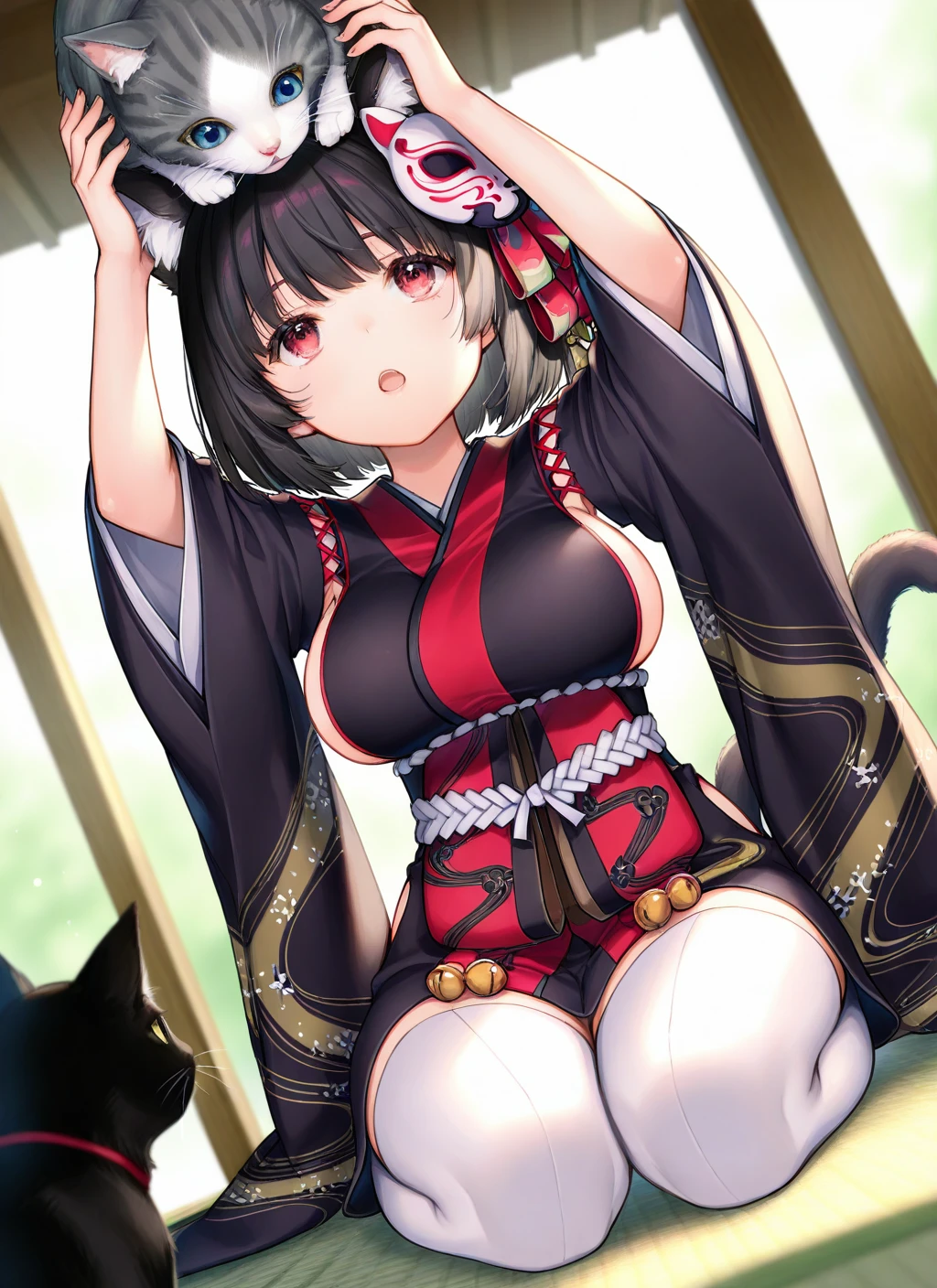 <lora:yamashiro_IL_v1.0:1>,yamashiro \(azur lane\),short kimono,mask on head,cat,perspective,dutch angle,depth of field,cat_focus,blurry foreground,holding animal,foreshortening,looking up,kaguyuzu,arms up,large breasts,cat tail,seiza,open mouth,, masterpiece,best quality,