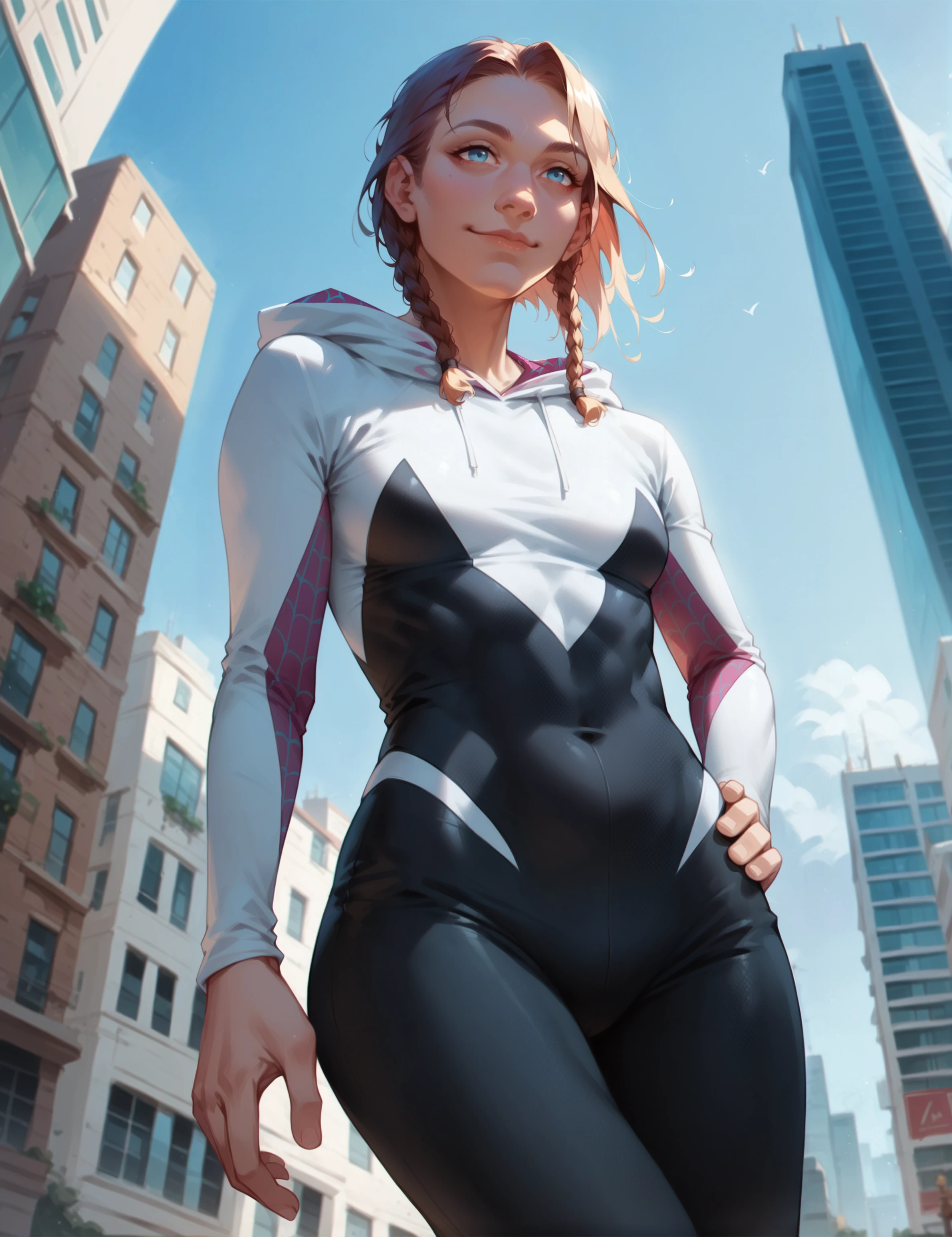 spider gwen, standing, (seen from below:0.7), city, unmasked, twin braids, hood down, closed mouth, (smile:0.6), <lora:Ursula_Ditkovich:0.8>, blue eyes, score_9, score_8_up, score_7_up, score_6_up, 2d, digital art, masterpiece <lora:Expressive_H:0.4> expressiveh <lora:princess_xl_v2:0.3> <lora:g0th1c2XLP:0.3> g0th1c
