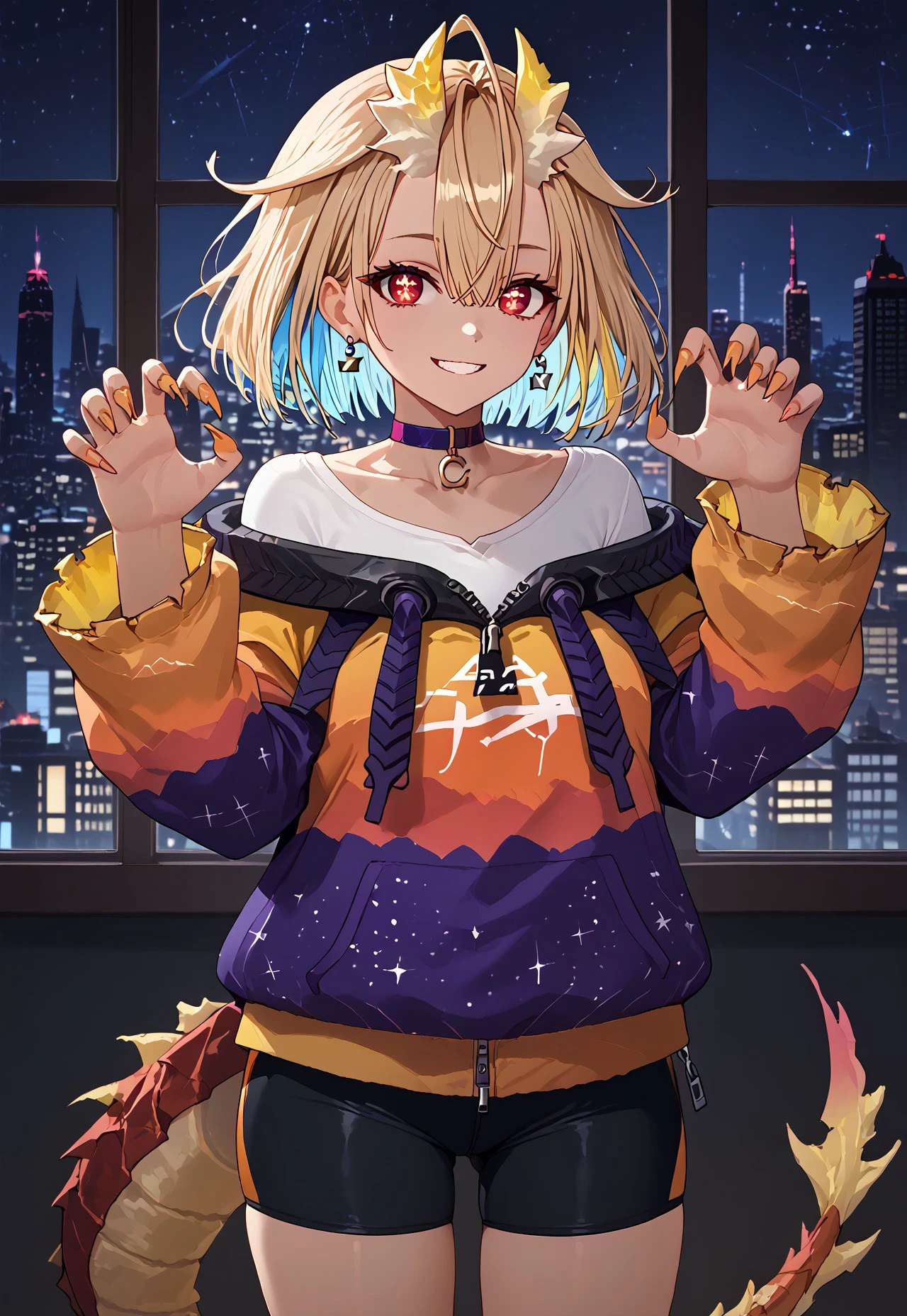 1girl, solo, solo focus, highres, absurdres, Nasa1st, choker, short hair, red eyes, multicolored hair, blonde hair, blue hair, bangs, collarbone, claws, long sleeves, hair between eyes, off shoulder, dragon girl, dragon horns, dragon tail, earrings, jacket, zipper, shirt, bike shorts, multicolored clothes, colored inner hair,
looking at viewer, smile, hands up, claw pose,
window, cityscape, neon lights, shade, night, night sky, dark, backlighting,