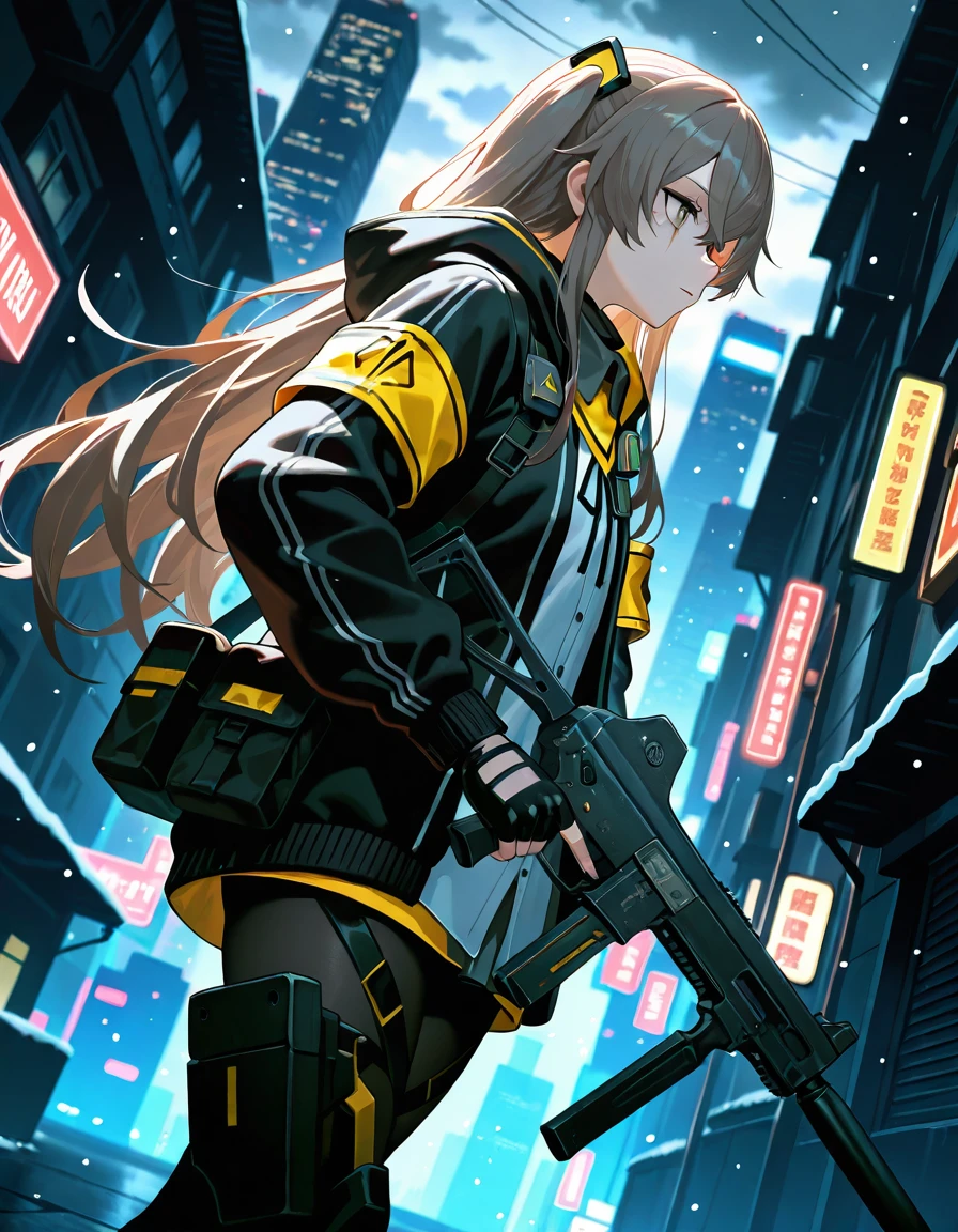 1girl,solo,from side,cowboy shot,ump45 \(girls' frontline\),flat chest,hooded jacket,open jacket,white shirt,ammunition pouch,armband,exoskeleton,(scar across eye:0.8),(holding weapon, h&k ump),standing,night,snowing,cloudy sky,unmanned,skyscraper,city,cyberpunk,architecture,shadowy lighting,cinematic atmosphere,High contrast,blurry background,vanishing point,from below,dutch angle,masterpiece,best quality,amazing quality,very aesthetic,absurdres,newest,EtherStyle, grey eyes