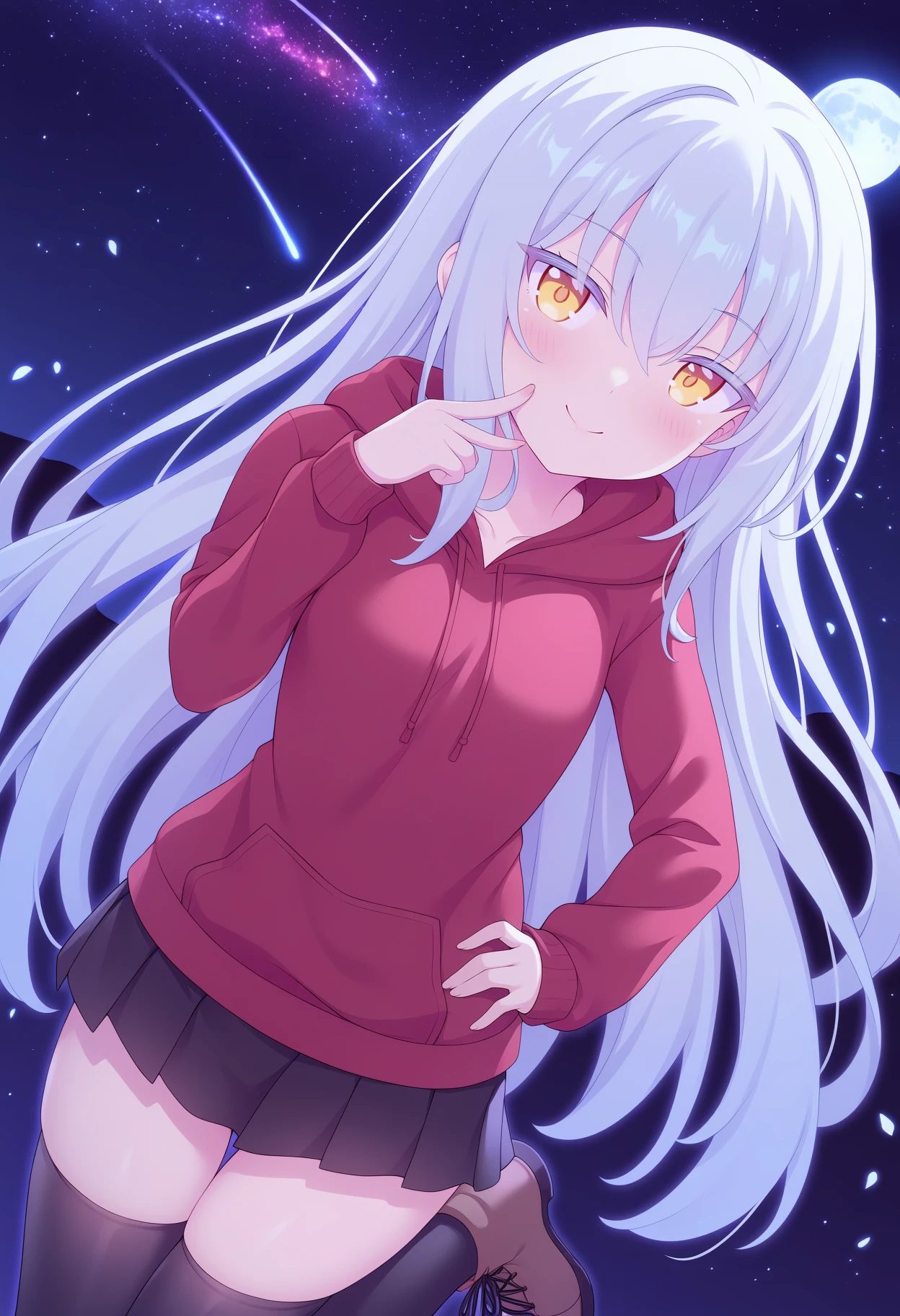 masterpiece, best quality, very aesthetic, newest, absurdres, highres,
1girl, cute girl,
skinny, petite, small breasts, blonde eyes, yellow eyes, sterling silver hair, white hair, long hair, hair between eyes, (jitome:0.8), straight hair, (colored eyelashes:1.2),
closed mouth, doyagao, smile,
red hoodie,
black skirt, pleated skirt,
brown boots, lace-up boots, black thighhighs,
hand on hip, fingers to cheeks, v, head tilt, solo focus,
looking at viewer, looking up, midair, dutch angle,
star \(symbol\), full moon, starry sky, night sky, nebula, shooting star, milky way,
light particles, glitter,