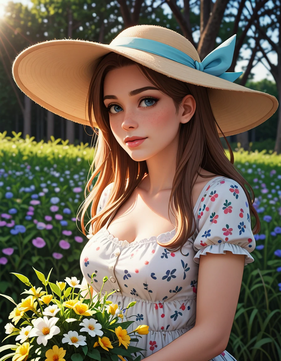 score_9, score_8_up, score_7_up, aesthetic, close-up, volumetric lighting, blushing, perfect eyes, female, best quality, high detailed, 1girl, (Princess Fiona (Shrek):1.1), female 22 years, wearing a floral dress, standing in a meadow, wildflowers around, holding a sunhat, bright sunny weather, intricate details, 8k.,