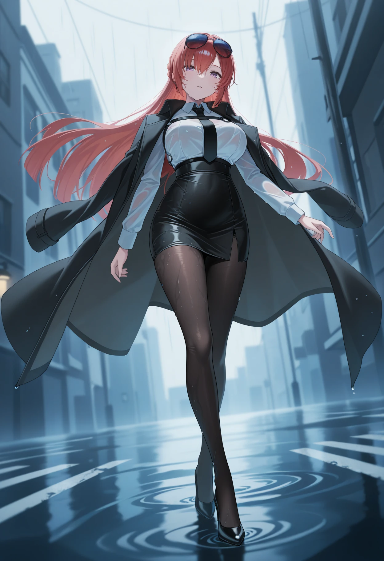 work of art, pale skin, Red lips, clear eyes, ombre, frontal photo of a beautiful red-haired woman with semi-curly hair standing on the street holding a Thompson M1928A1 drum, Behind her, a 1928 Cadillac Town Sedan left green, she wears a mafia suit with red and black colors, Skirt and jacket on the shoulders in mafia style, She also wears a hat, garter holder and high heels, very detailed body, detailed car and clothes, Bright dark, naturallight, highy detailed, she and the car focused on the image