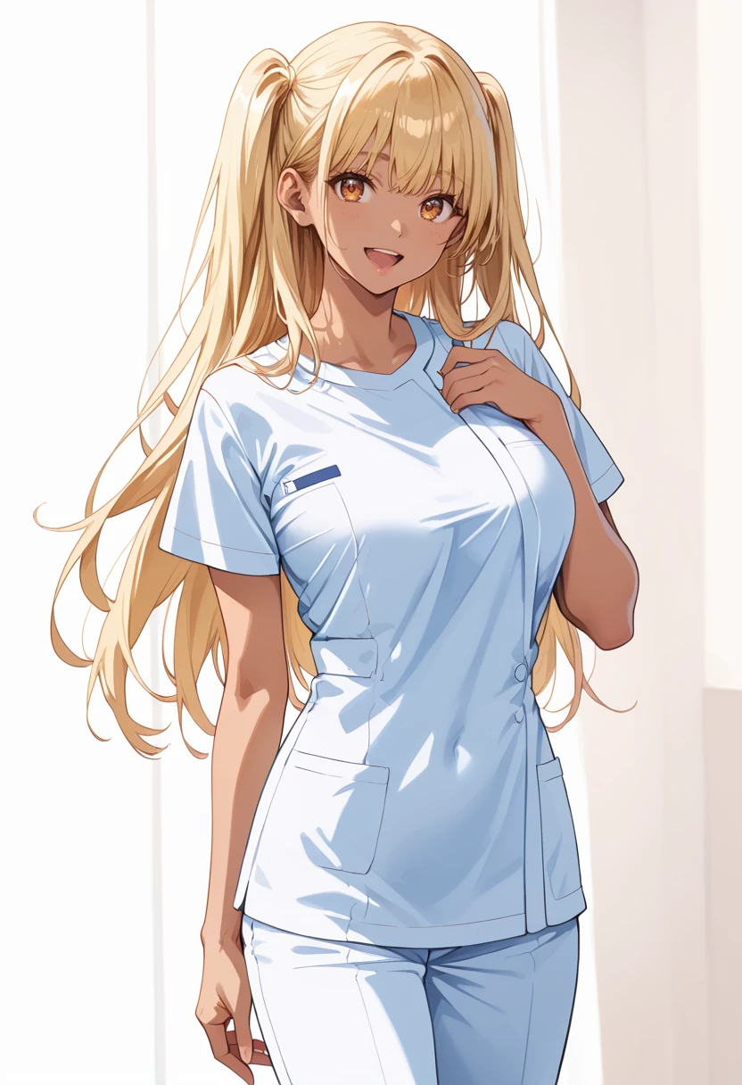 score_9, score_8_up, score_7_up,source_anime, masterpiece, best quality, perfect anatomy, very aesthetic, ((outlined outlined vector graphics)), cute face, (glow eyes:0.8), front view , looking at viewer, cowboy shot,
1girl,
18yo, (large breast:1.2), orange eyes, (blonde hair:1.3),long hair, (two side up:1.1), (dark skin:1.6), dark skin girl, (tall:1.2), (abs:0.7),bangs
,
blue clothes, (focus female), smile, solo, nurse, nurse-modern-uniform, t-shirt, pants,smile , bare head, open mouth, , open eyes ,
<lora:nurse-modern-pony-01:1>