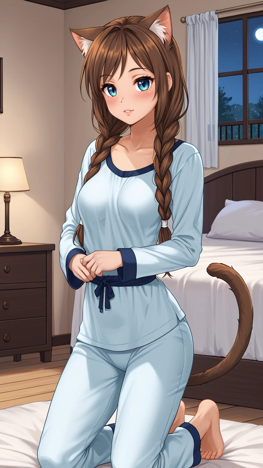 score_9, score_8_up, score_7_up, medium_breasts, full_body,  170_cm_height, normal_body, indoors, steam, (tan_lines:0.7), a_lot_of_details,
1girl, 18_years_old, blue_eyes, brown_hair, long_hair, twin_braids, (very_long_twinbraids:1.3), hair_long_to_waist, hair_behind_back, (looking_at_viewer:1.3), blush, shy, parted_lips, night, half-closed_eyes, hips, (a_little_smile:0.5),  
animal_ears, tail, cat_ears, pajamas, barefoot, cat_tail, cat_girl, collarbone, hair_over_shoulder, long_sleeves, preparing-to_jump,
<lora:lgg_stasya_SEv2.0:0.7>, lgg_stasya, person