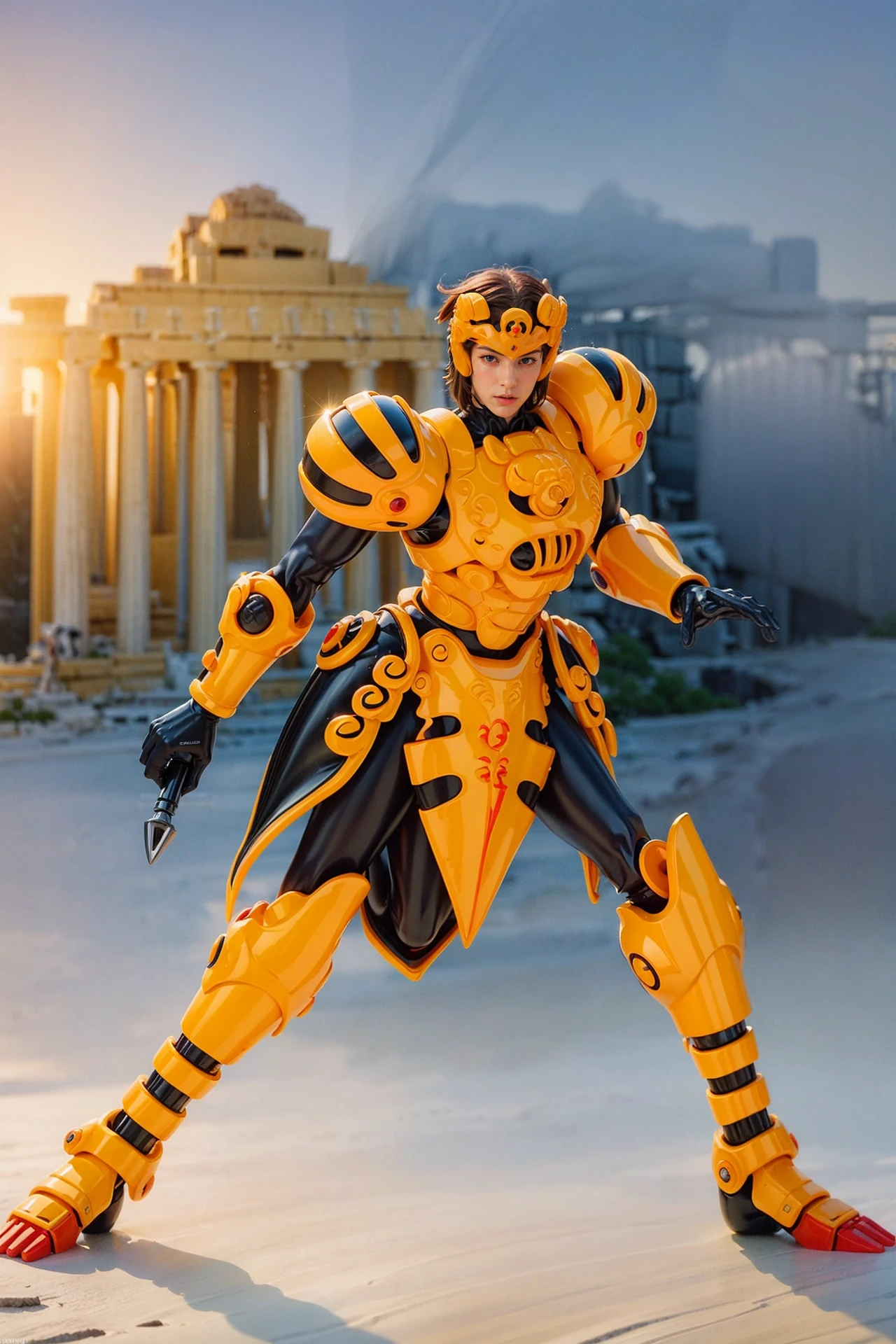 professional photography,cinematic movie still,The picture is very clear,Raw image, 8k super realistic , 1 man 20 yo ,Japanese ,Hyoga Heavenly <lora: Hyoga Heavenly:0.7>,yellow armor,solo, weapon,shoulder armor,shield,Attack stance,Chains in the hands,((Helmet)),
((greek temple ruins:1.5)),
rock in a field with a sky background ,((yellow sky, sunset)),
,<lora:epi_noiseoffset2:1>,<lora:more_details:0.4>, <lora:WarmLight:0.6> ,