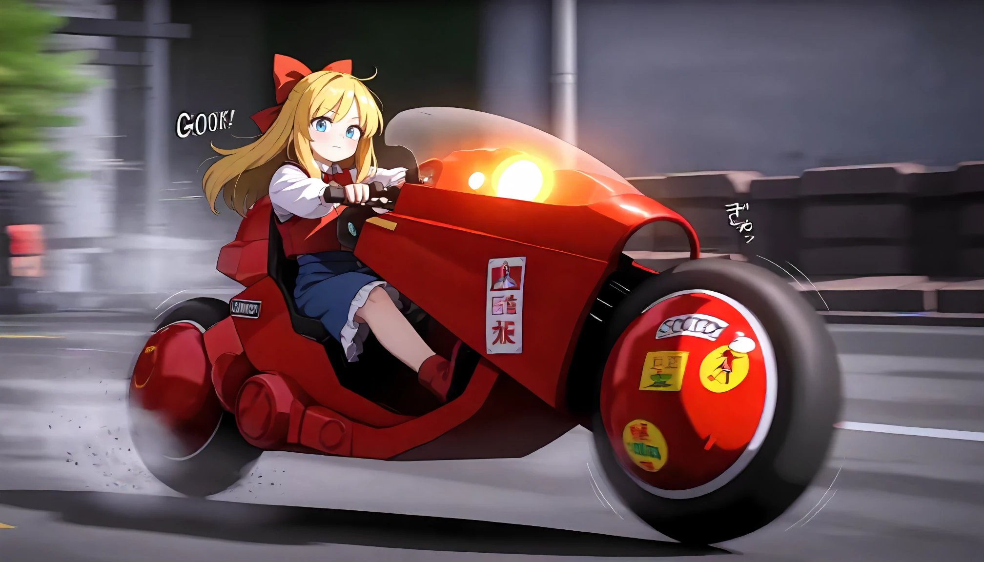 <lora:akira_kaneda_shoutarou's_bikeXLIllustrious002>,
masterpiece,best quality,good quality,newest,
detailed background,outdoors,
looking at viewer,
solo,
anime coloring,
1girl,shanghai doll,touhou,
fog,glowing,
(sound effect:1.3),(motion_blur:1.3),(motion line:1.2),(speed_lines:1.1),
speech bubble,
riding,
kaneda_shoutarou's_bike\(akira\),big scooter,large motorcycle,tire,red motorcycle,emblem,sticker,logo,ground vehicle,