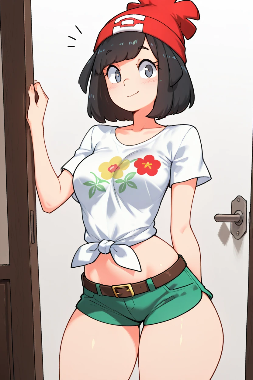 masterpiece, best quality, medium breasts, (curvy),  ,,, BREAK, zzSelene, 1girl, solo, black hair, green shorts, red headwear, beanie, shirt, tied shirt, floral print, short hair, short sleeves, short shorts, striped, white shirt, belt, <lora:SeleneIXL:1.0>,BREAK,  smile, looking at viewer, cowboy shot,    ,<lora:TobiaswhellerIXL_v2:1.0>,