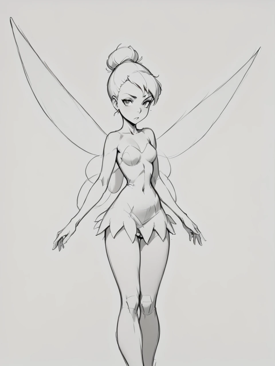score_9, score_8_up, score_7_up, score_6_up, BREAK, Sk3tch, sketch, monochrome, <lora:Sketch:1> 1girl, Tink, single hair bun, fairy wings, dress, looking at viewer <lora:Tinker_Bell:0.8>