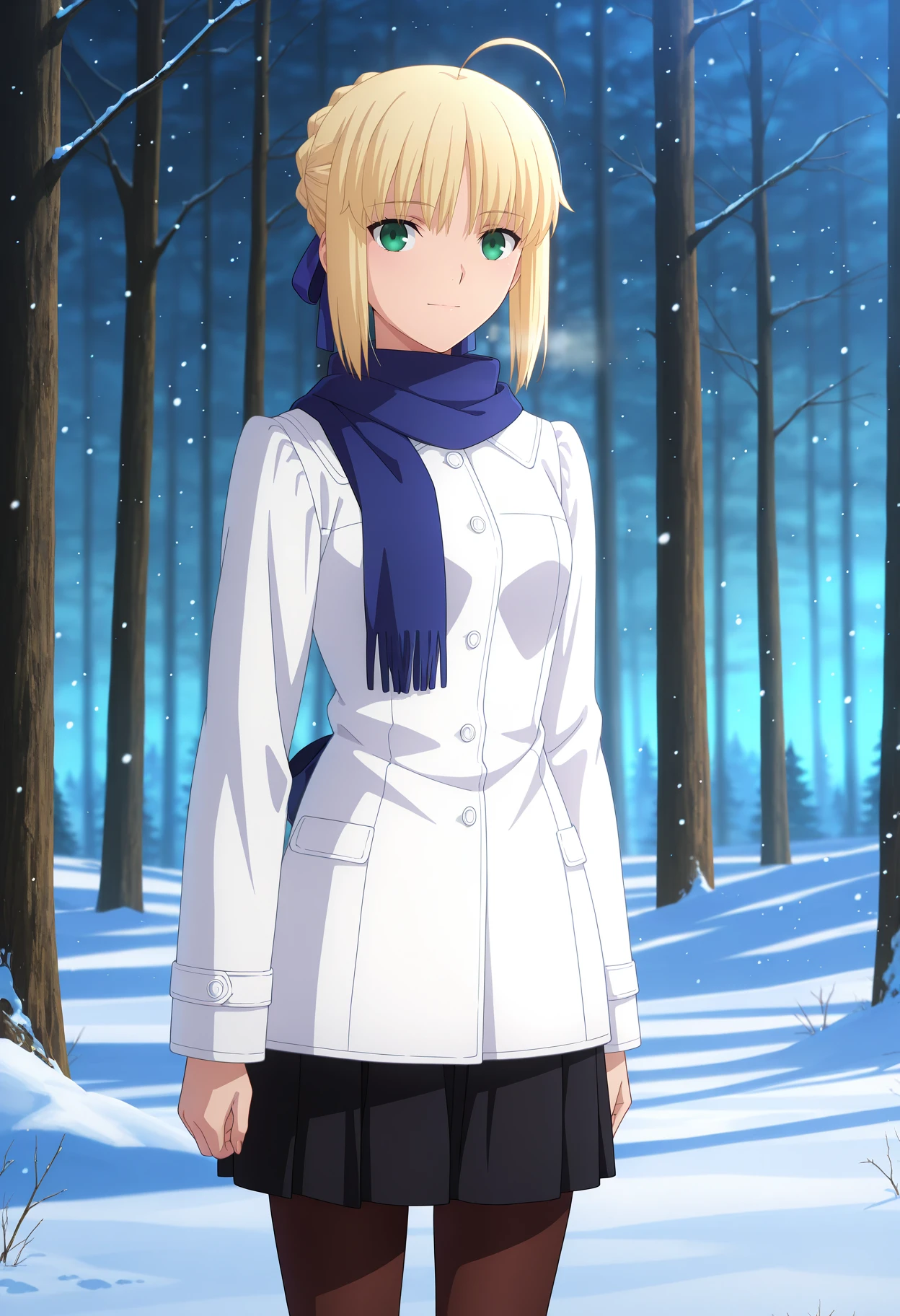 anime screencap, masterpiece, best quality,
<lora:FateStayNightUBW_Saber_IlluXL:0.9>,
1girl, solo, closed mouth, light smile,
blonde hair, green eyes, short hair, french braid, ahoge, hair ribbon, blue ribbon,
SaberJacket, white coat, blue scarf, black skirt, brown pantyhose,
standing, looking at viewer, cowboy shot,
outdoors, snow, snowing, scenery, forest, mountains