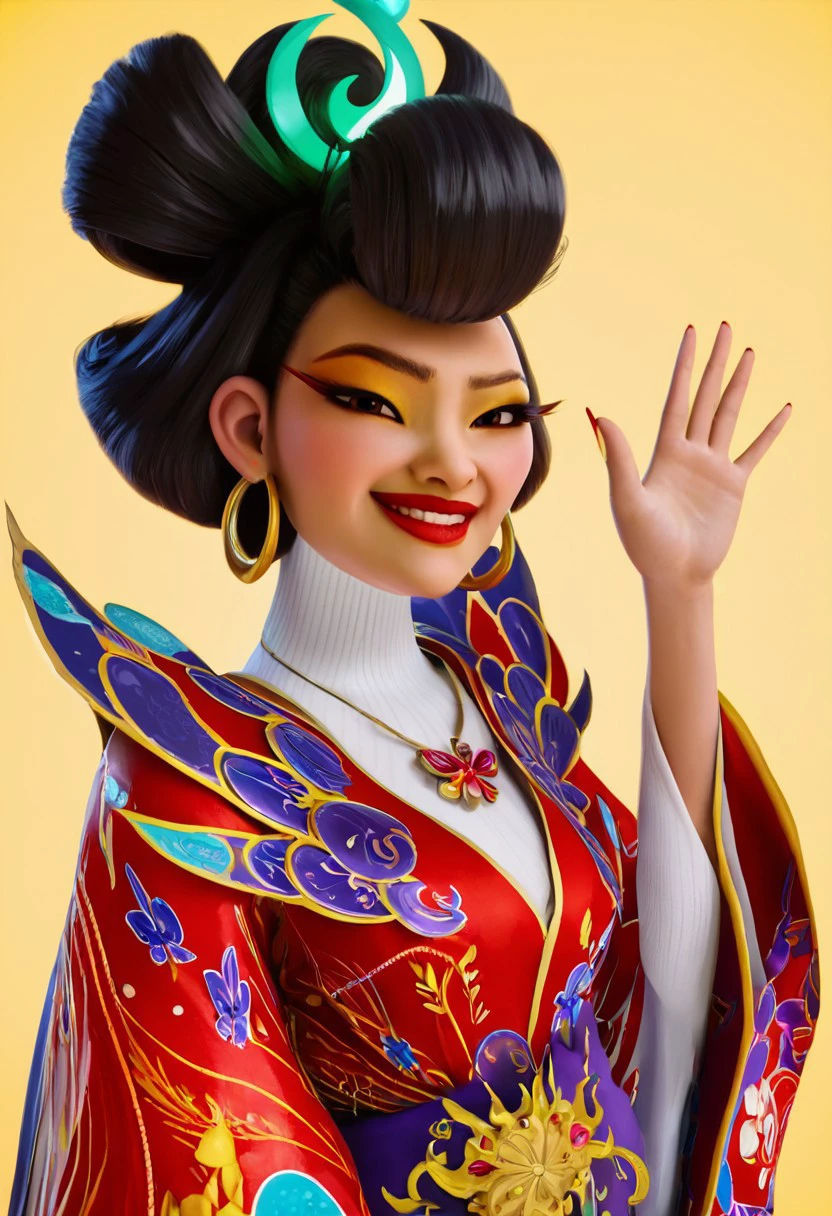 chang'e_kimono, 1girl, asian, geisha hair (black hair, multiple hair buns), blue hair ornament (moon shape), big eyelashes, brown eyes, makeup, red and yellow eyeshadow, red lipstick, golden earrings (big golden hoop rings), red nails, very long red kimono with ornaments (white turtleneck), necklace, score_8_up, score_7_up, BREAK, 1girl, solo, looking at viewer, smiling, smug, waving at viewer, female focus, looking at viewer, 4k, masterpiece, best quality, realistic, 3d, cowboy shot, simple background, colored background