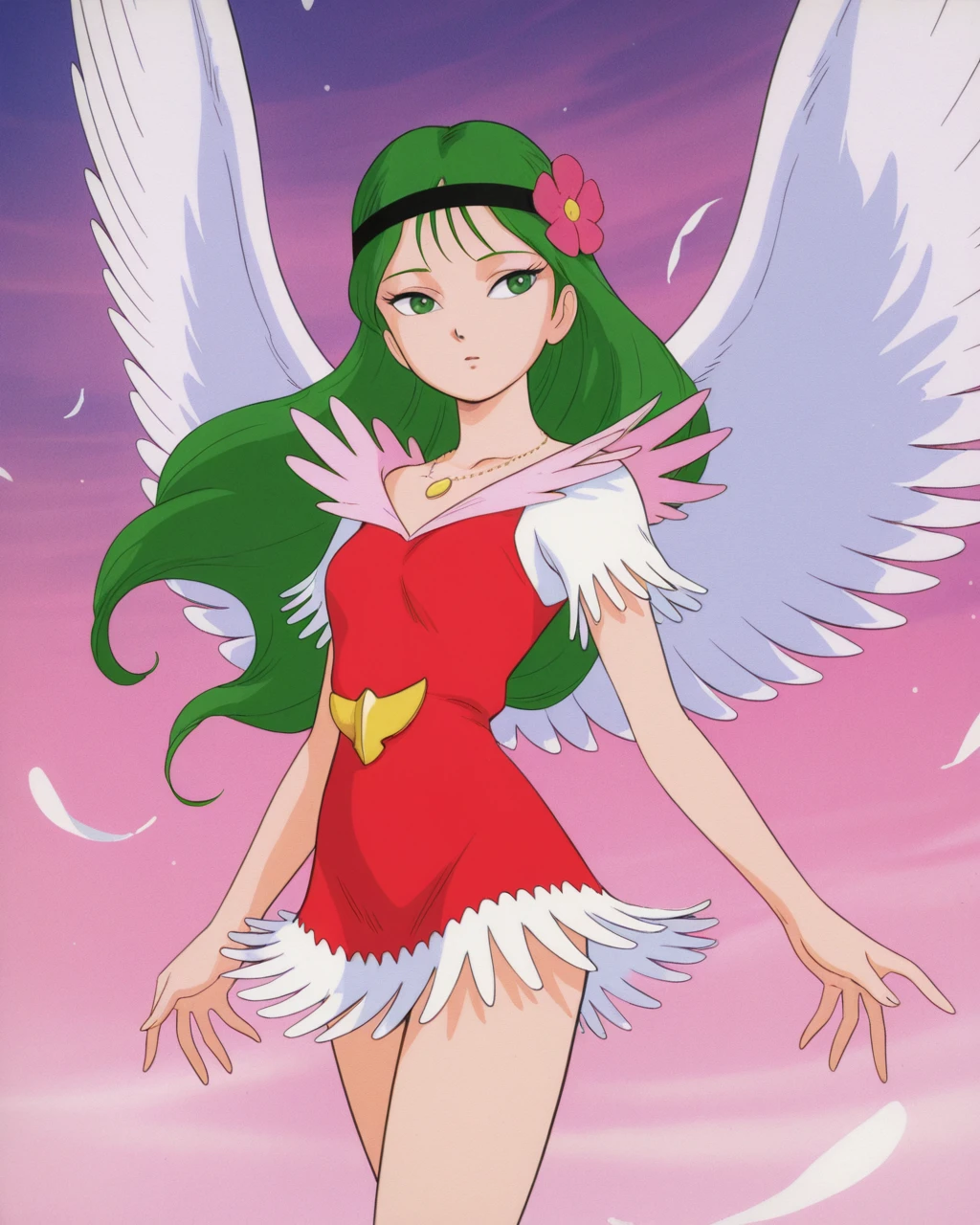 masterpiece, hires,1girl, solo, Nazca, green hair, long hair, green eyes, headband with flower, red dress with pink collar, white fringed shoulders, white fringed hem,  necklace, gold emblem, wings, standing, <lora:naz_il:1>, official art,